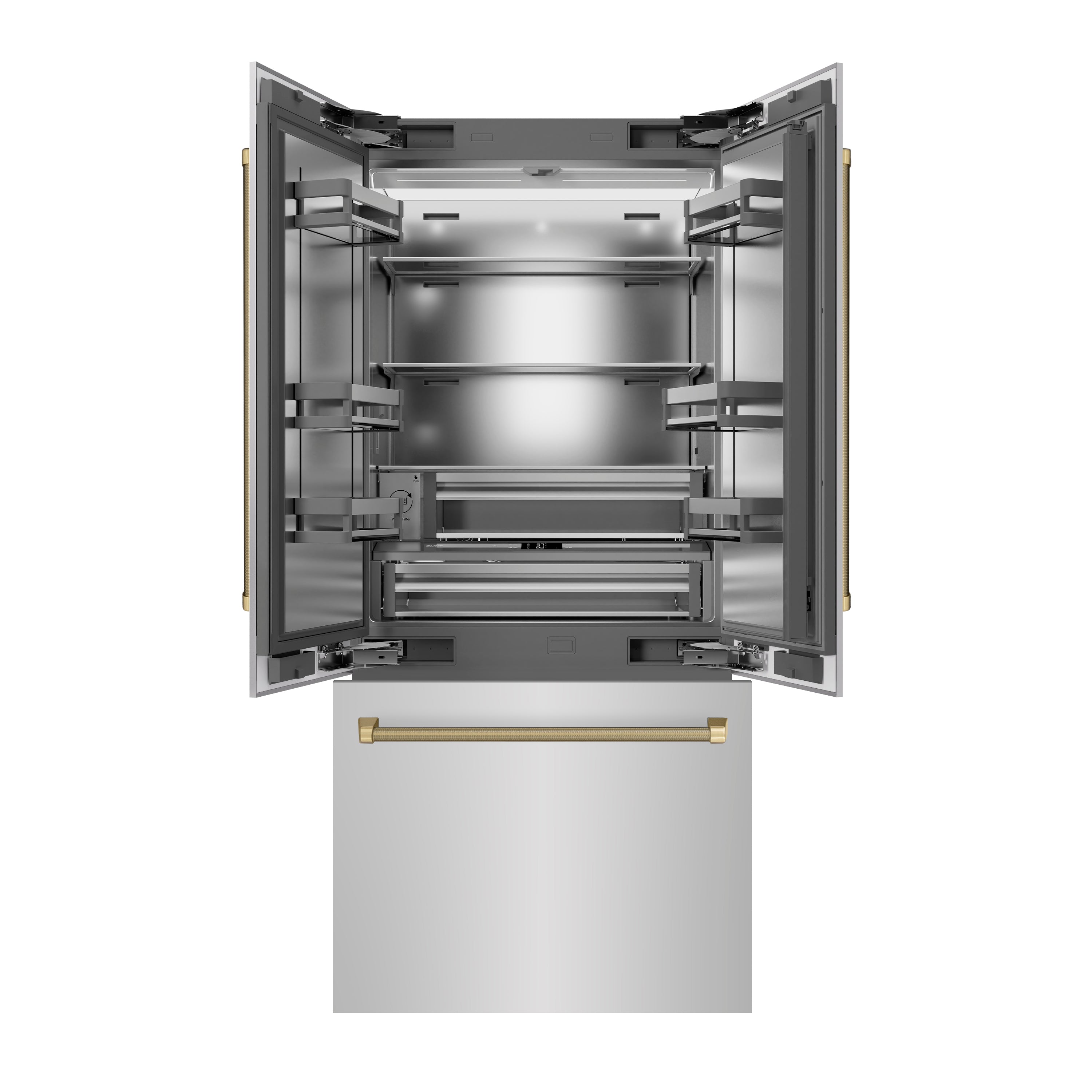 ZLINE 36 in. French Door Built-In Bottom Freezer Refrigerator, 19.6 cu. ft., Water Dispenser, Ice Maker, Stainless Steel, Champagne Bronze Helix Handles (SRBIVZ-30436KCB)