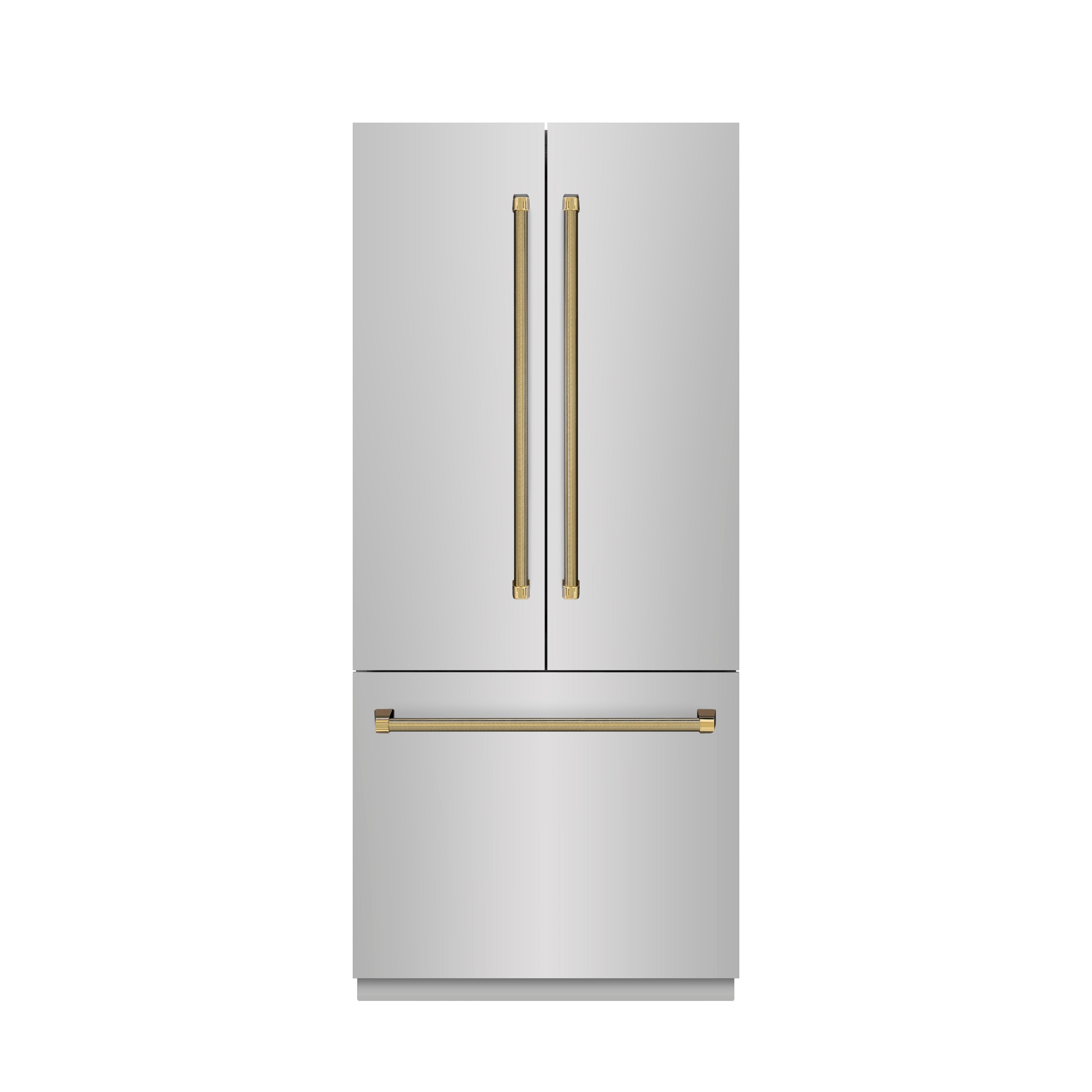 ZLINE 36 in. French Door Built-In Bottom Freezer Refrigerator 19.6 Cu. Ft. with Water Dispenser, Ice Maker, Stainless Steel Interior, Polished Gold Helix Handles (SRBIVZ-30436KG)