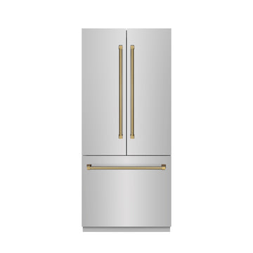 ZLINE 36 in. French Door Built-In Bottom Freezer Refrigerator 19.6 Cu. Ft. with Water Dispenser, Ice Maker, Stainless Steel Interior, Polished Gold Helix Handles (SRBIVZ-30436KG)