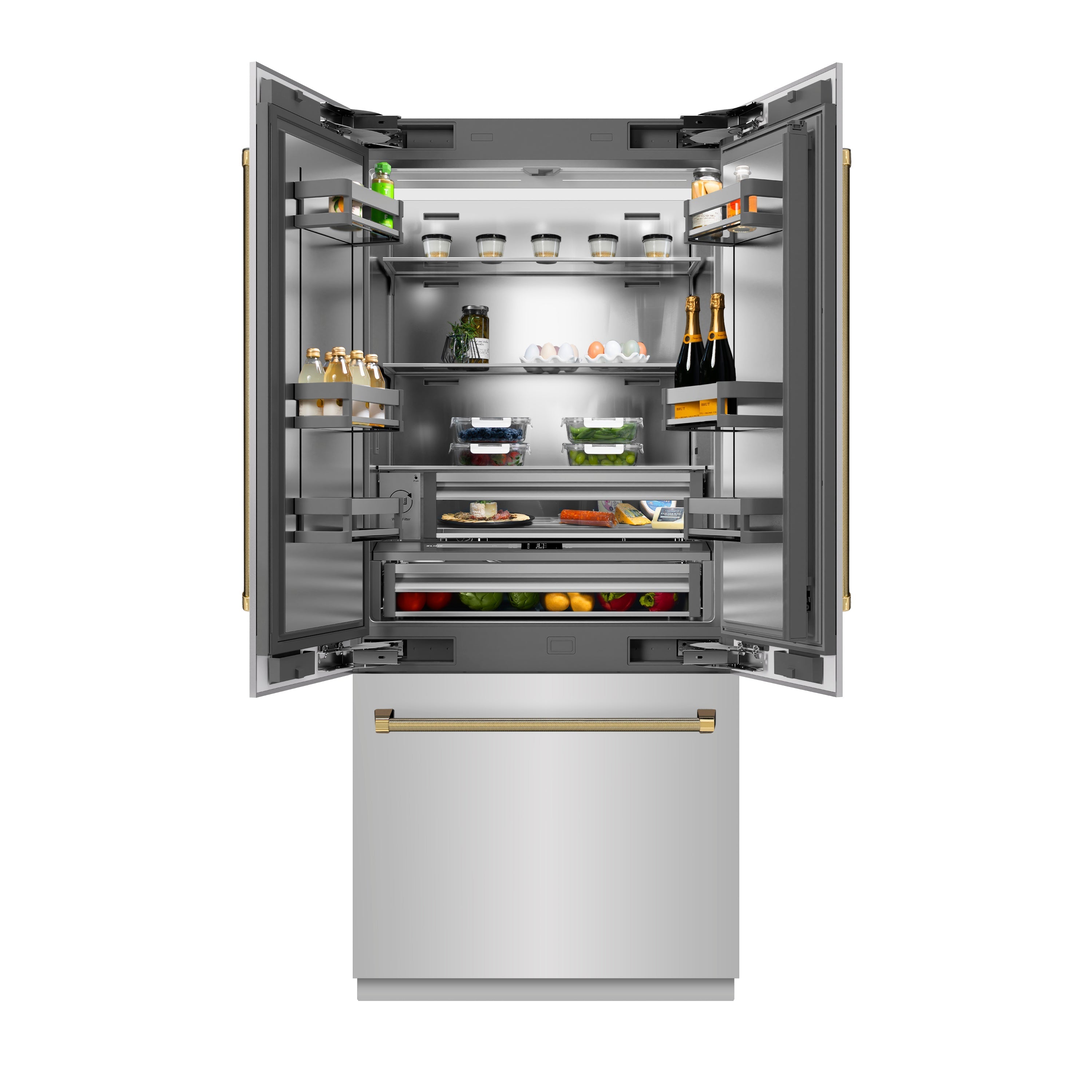 ZLINE 36 in. French Door Built-In Bottom Freezer Refrigerator 19.6 Cu. Ft. with Water Dispenser, Ice Maker, Stainless Steel Interior, Polished Gold Helix Handles (SRBIVZ-30436KG)