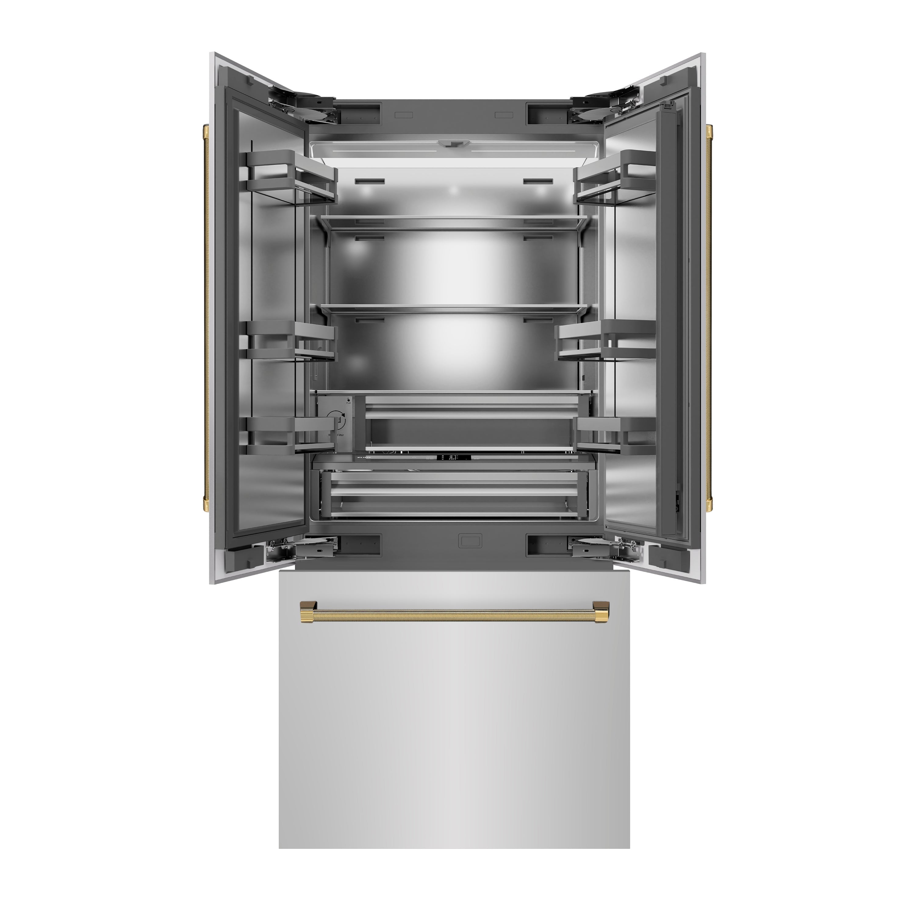 ZLINE 36 in. French Door Built-In Bottom Freezer Refrigerator 19.6 Cu. Ft. with Water Dispenser, Ice Maker, Stainless Steel Interior, Polished Gold Helix Handles (SRBIVZ-30436KG)