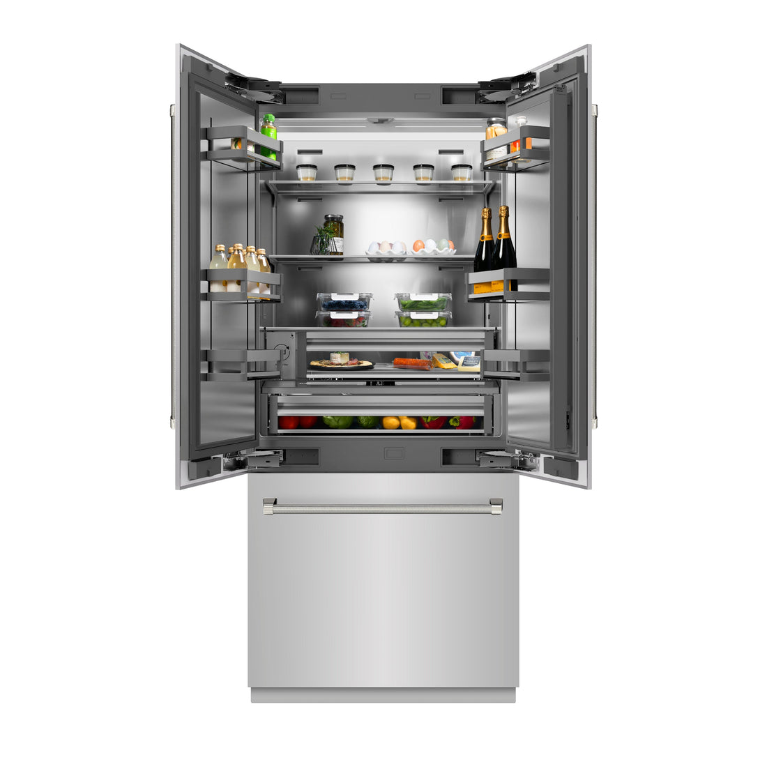 ZLINE 36 in. French Door Built-In Bottom Freezer Refrigerator 19.6 cu. ft. Stainless Steel Interior Water Dispenser Ice Maker Polished Nickel Helix Handles (SRBIVZ-30436KPN)