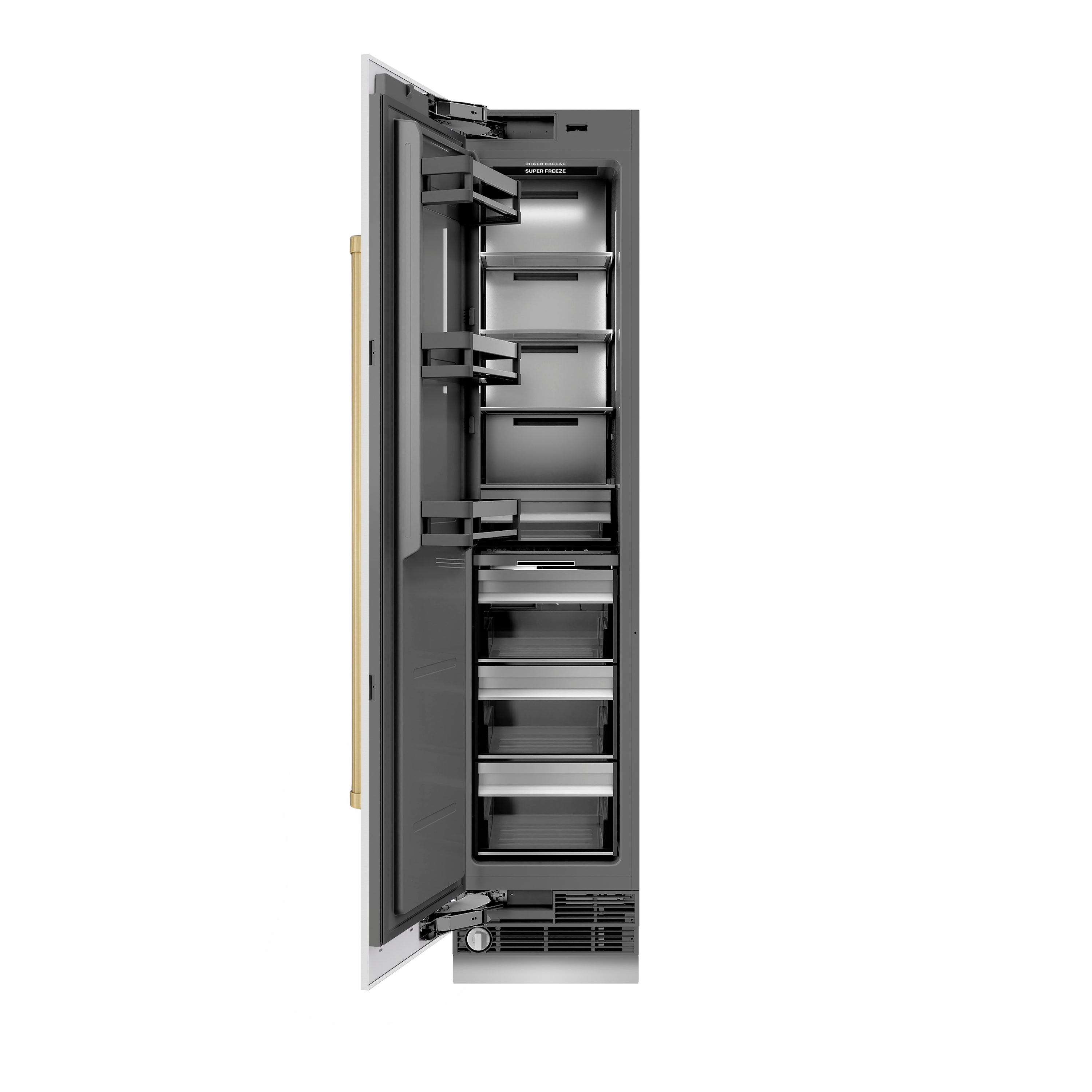 ZLINE Autograph 18" 8.6 cu. ft. Left Hinge Column Freezer in White Matte with Graphite Gray Interior and Champagne Bronze Accents, RCFVLZ-WM-18-CB