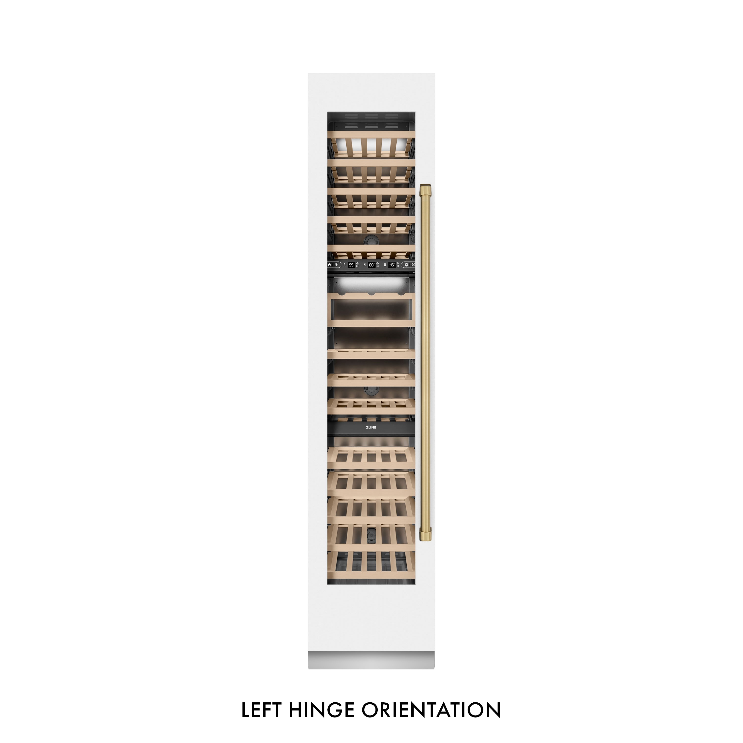 ZLINE Autograph 18" 9.0 cu. ft. Triple Zone 68 Bottle Left Hinge Column Wine Cooler in White Matte with Champagne Bronze Accents, RCWVLZ-WM-18-CB
