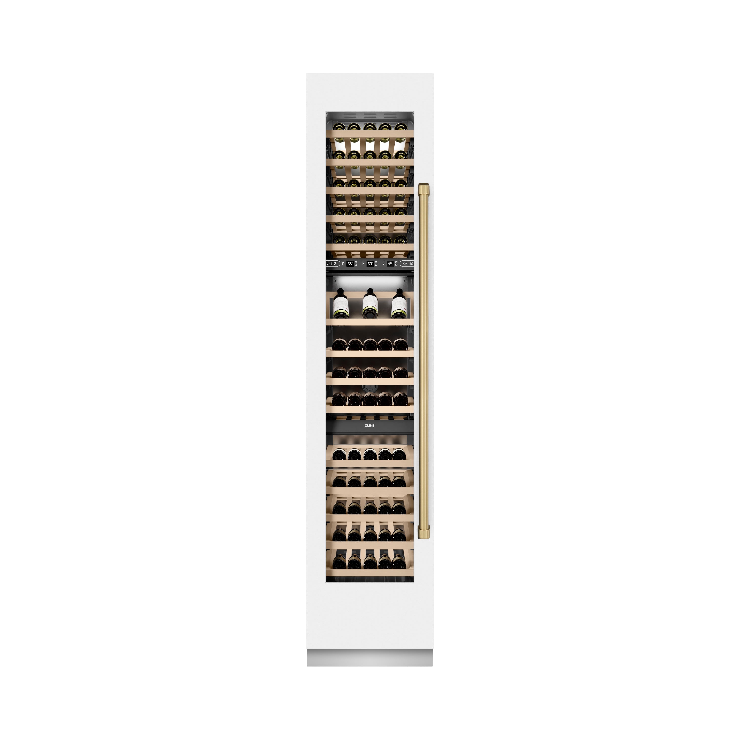 ZLINE Autograph 18" 9.0 cu. ft. Triple Zone 68 Bottle Left Hinge Column Wine Cooler in White Matte with Champagne Bronze Accents, RCWVLZ-WM-18-CB