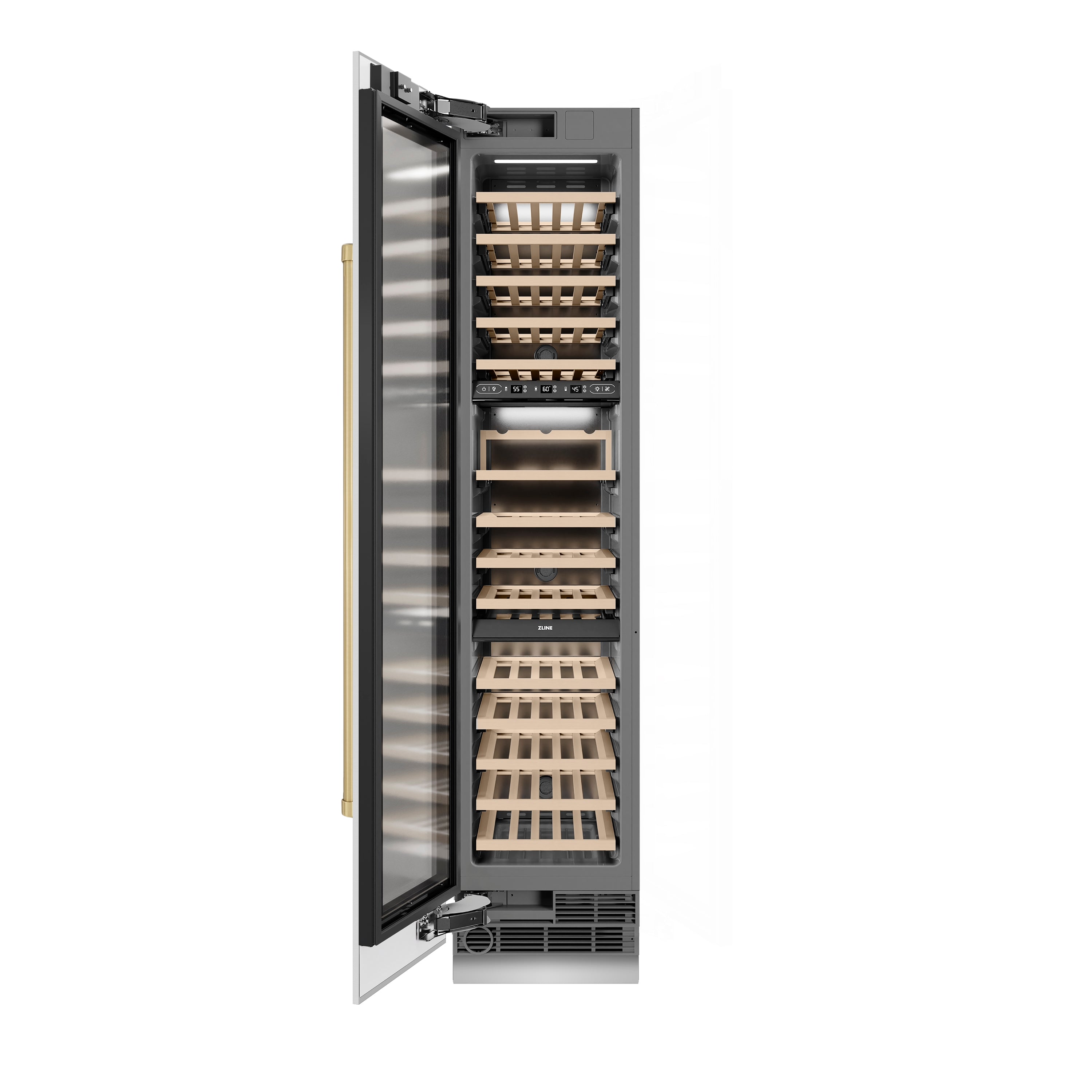 ZLINE Autograph 18" 9.0 cu. ft. Triple Zone 68 Bottle Left Hinge Column Wine Cooler in White Matte with Champagne Bronze Accents, RCWVLZ-WM-18-CB