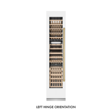 ZLINE Autograph 18" 9.0 cu. ft. Triple Zone 68 Bottle Left Hinge Column Wine Cooler in White Matte with Polished Gold Accents, RCWVLZ-WM-18-G