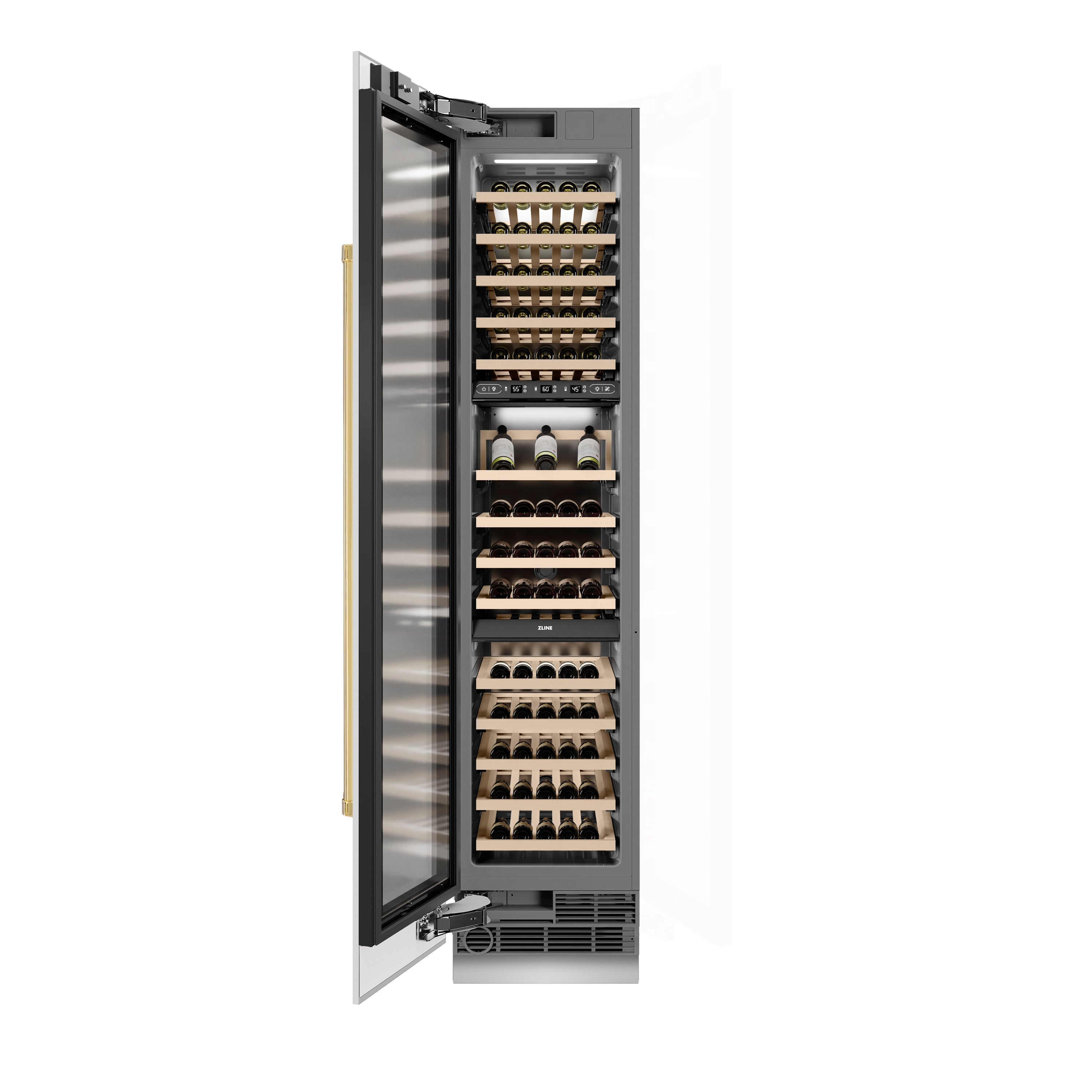ZLINE Autograph 18" 9.0 cu. ft. Triple Zone 68 Bottle Left Hinge Column Wine Cooler in White Matte with Polished Gold Accents, RCWVLZ-WM-18-G