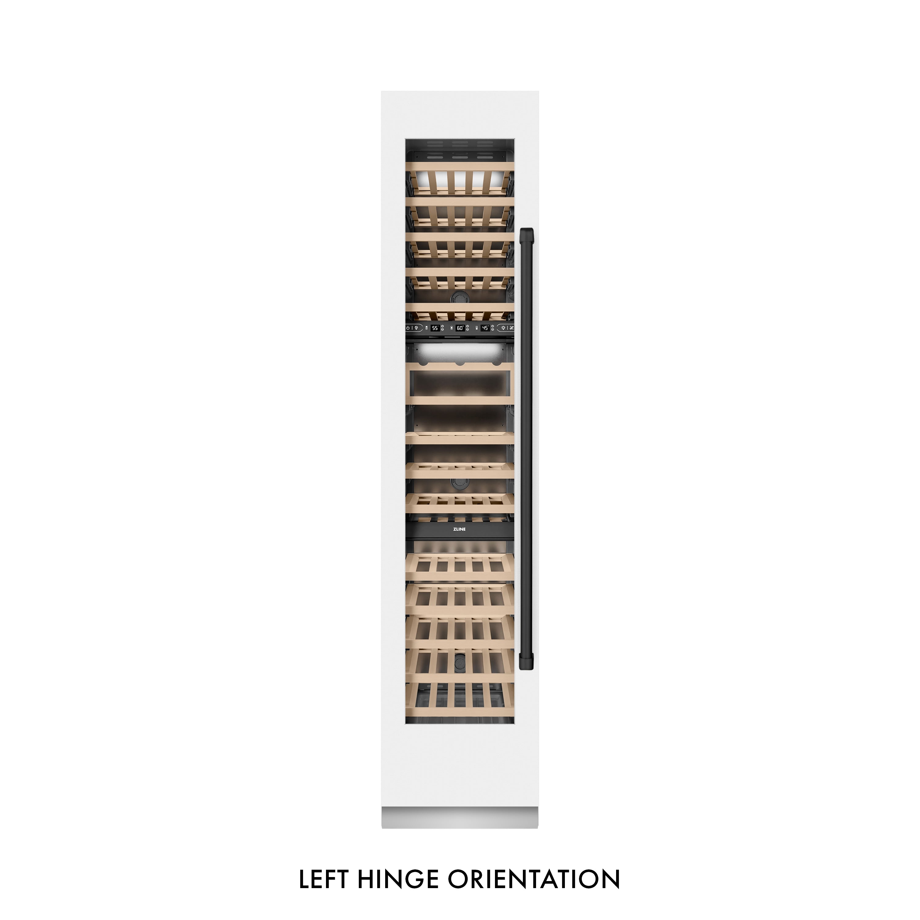 ZLINE Autograph 18" 9.0 cu. ft. Triple Zone 68 Bottle Left Hinge Column Wine Cooler in White Matte with Matte Black Accents, RCWVLZ-WM-18-MB