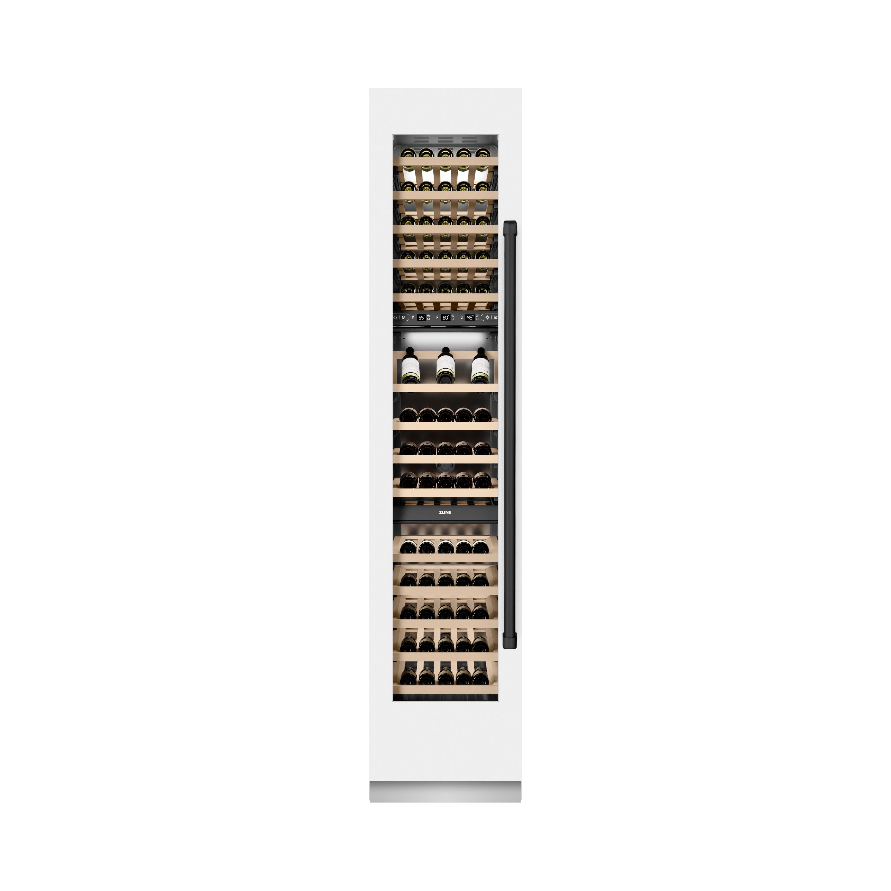 ZLINE Autograph 18" 9.0 cu. ft. Triple Zone 68 Bottle Left Hinge Column Wine Cooler in White Matte with Matte Black Accents, RCWVLZ-WM-18-MB