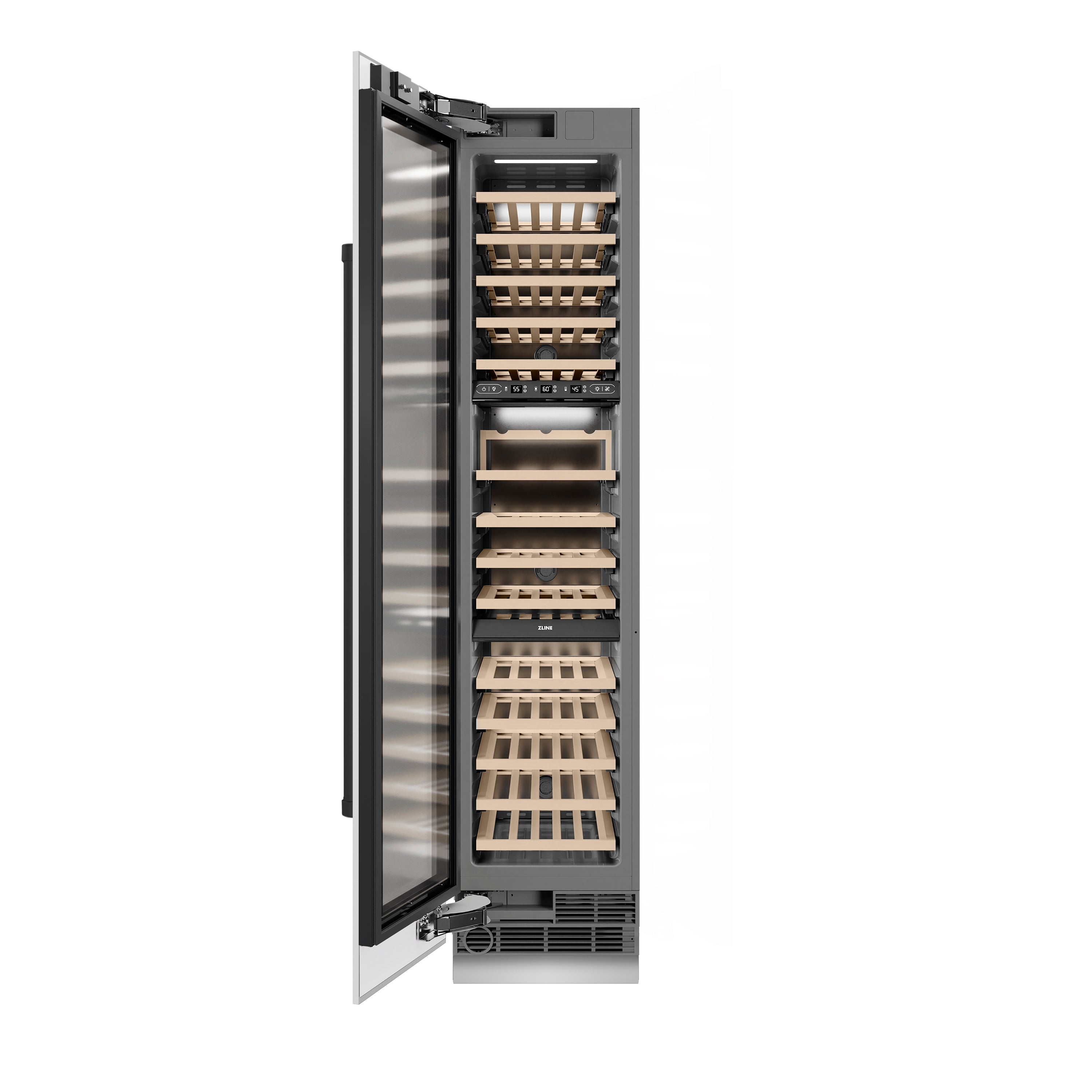 ZLINE Autograph 18" 9.0 cu. ft. Triple Zone 68 Bottle Left Hinge Column Wine Cooler in White Matte with Matte Black Accents, RCWVLZ-WM-18-MB