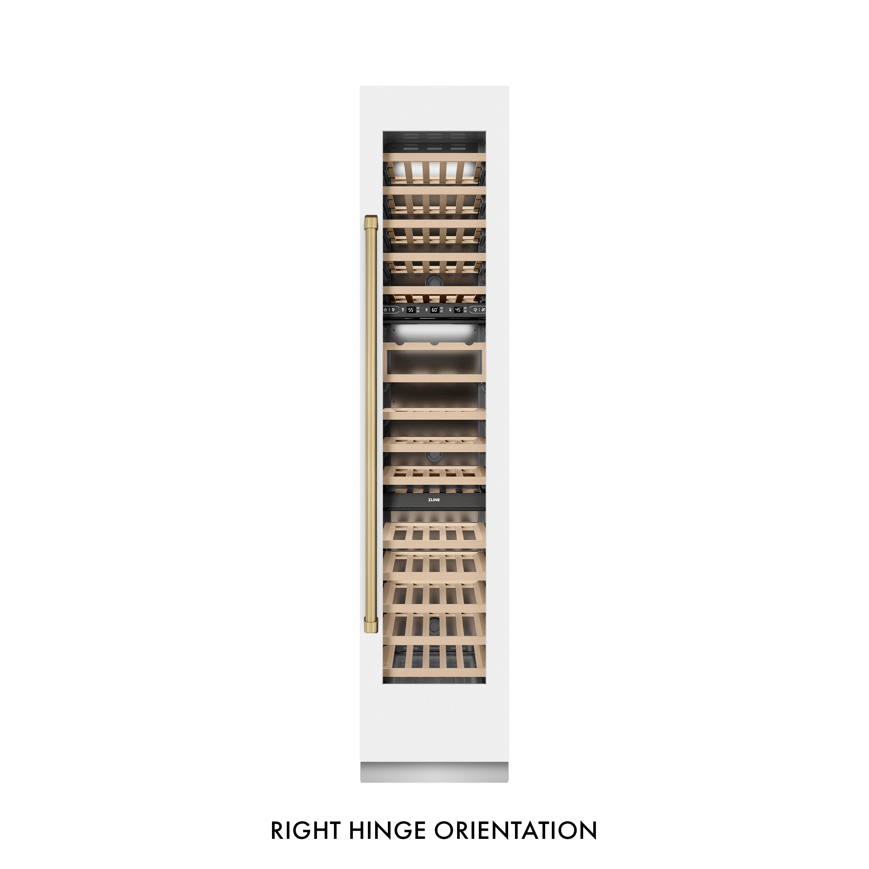 ZLINE Autograph 18" 9.0 cu. ft. Triple Zone 68 Bottle Right Hinge Column Wine Cooler in White Matte with Champagne Bronze Accents, RCWVRZ-WM-18-CB