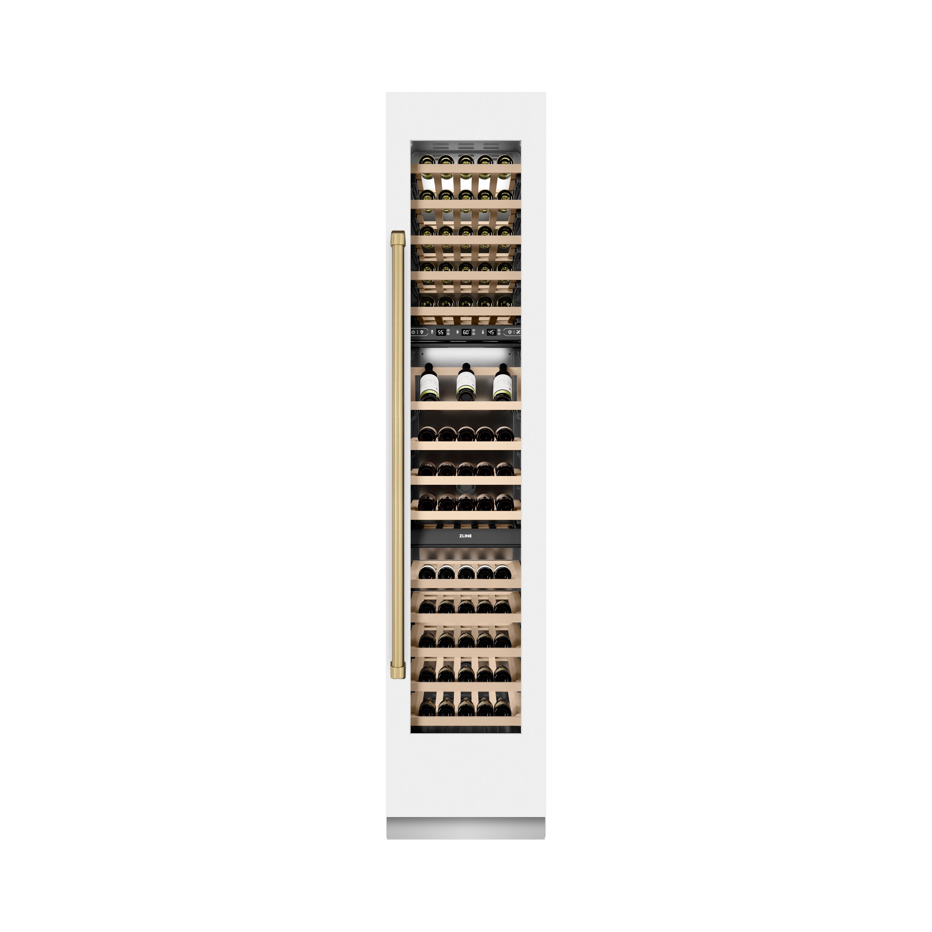 ZLINE Autograph 18" 9.0 cu. ft. Triple Zone 68 Bottle Right Hinge Column Wine Cooler in White Matte with Champagne Bronze Accents, RCWVRZ-WM-18-CB