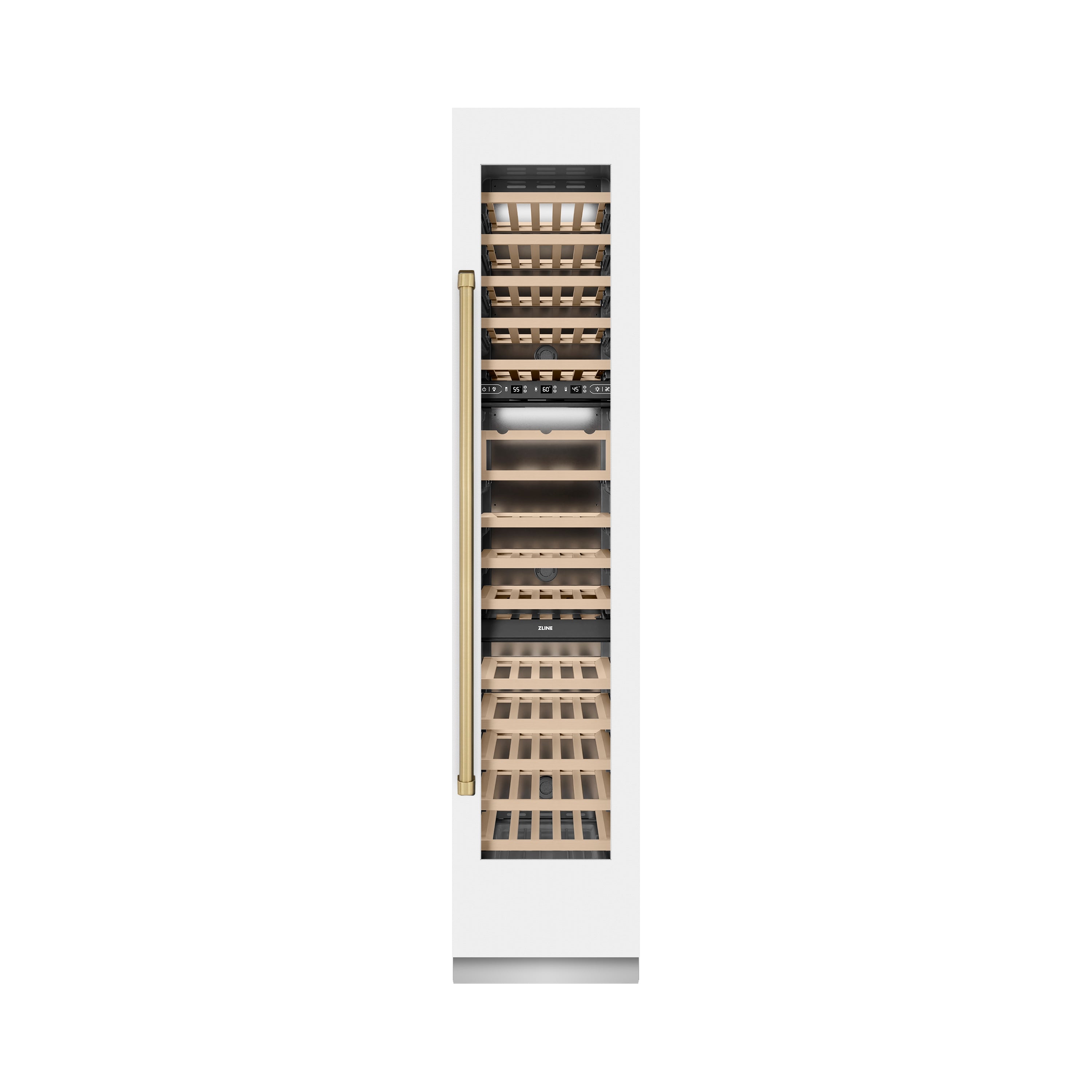 ZLINE Autograph 18" 9.0 cu. ft. Triple Zone 68 Bottle Right Hinge Column Wine Cooler in White Matte with Champagne Bronze Accents, RCWVRZ-WM-18-CB