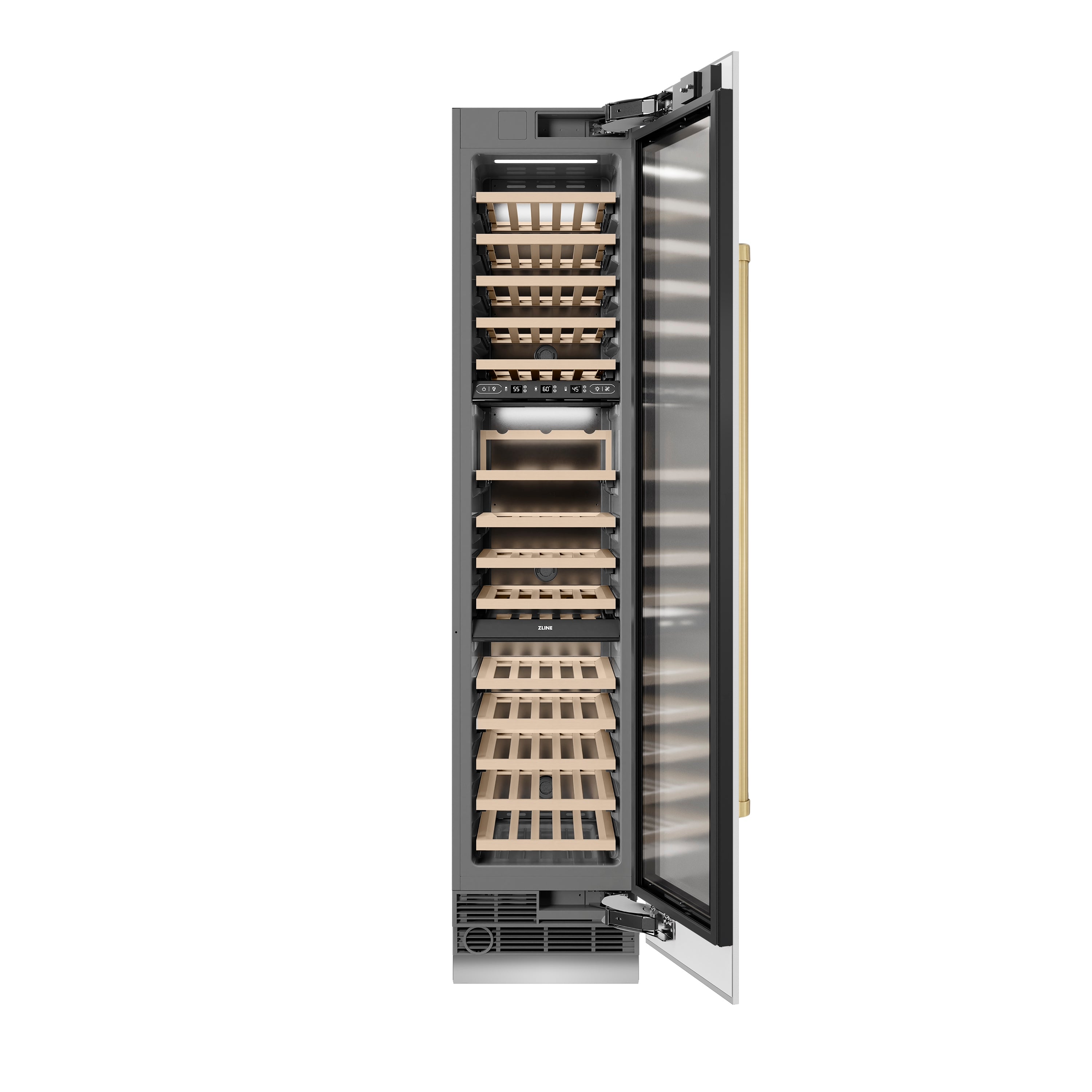 ZLINE Autograph 18" 9.0 cu. ft. Triple Zone 68 Bottle Right Hinge Column Wine Cooler in White Matte with Champagne Bronze Accents, RCWVRZ-WM-18-CB