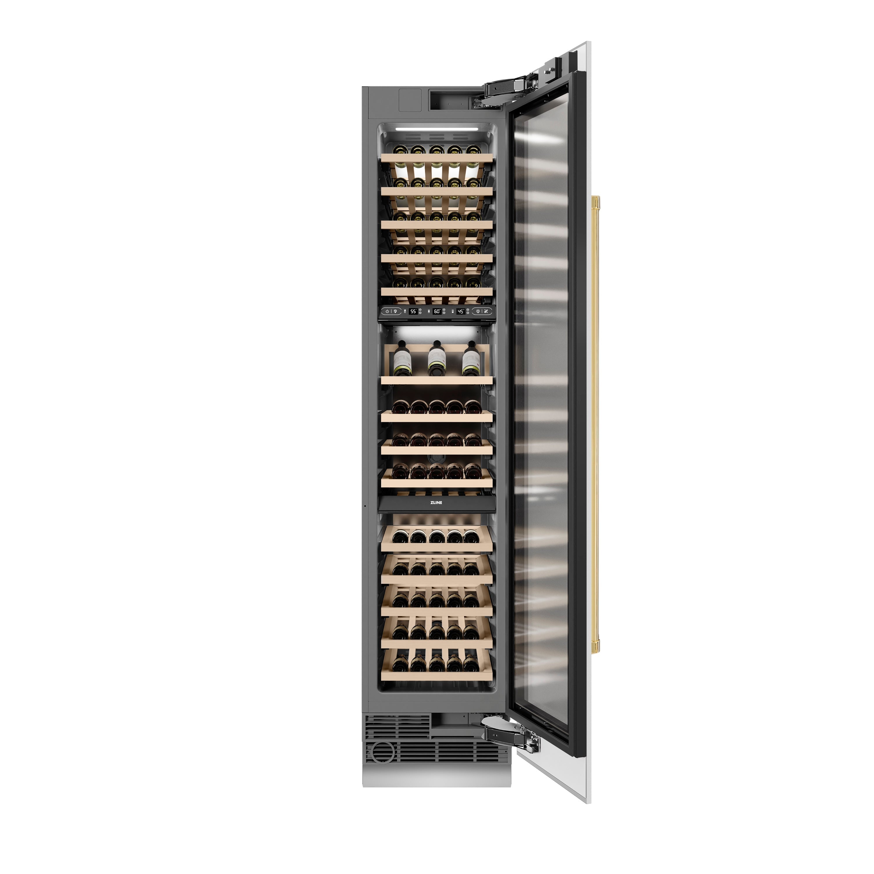 ZLINE Autograph 18" 9.0 cu. ft. Triple Zone 68 Bottle Right Hinge Column Wine Cooler in White Matte with Polished Gold Accents, RCWVRZ-WM-18-G