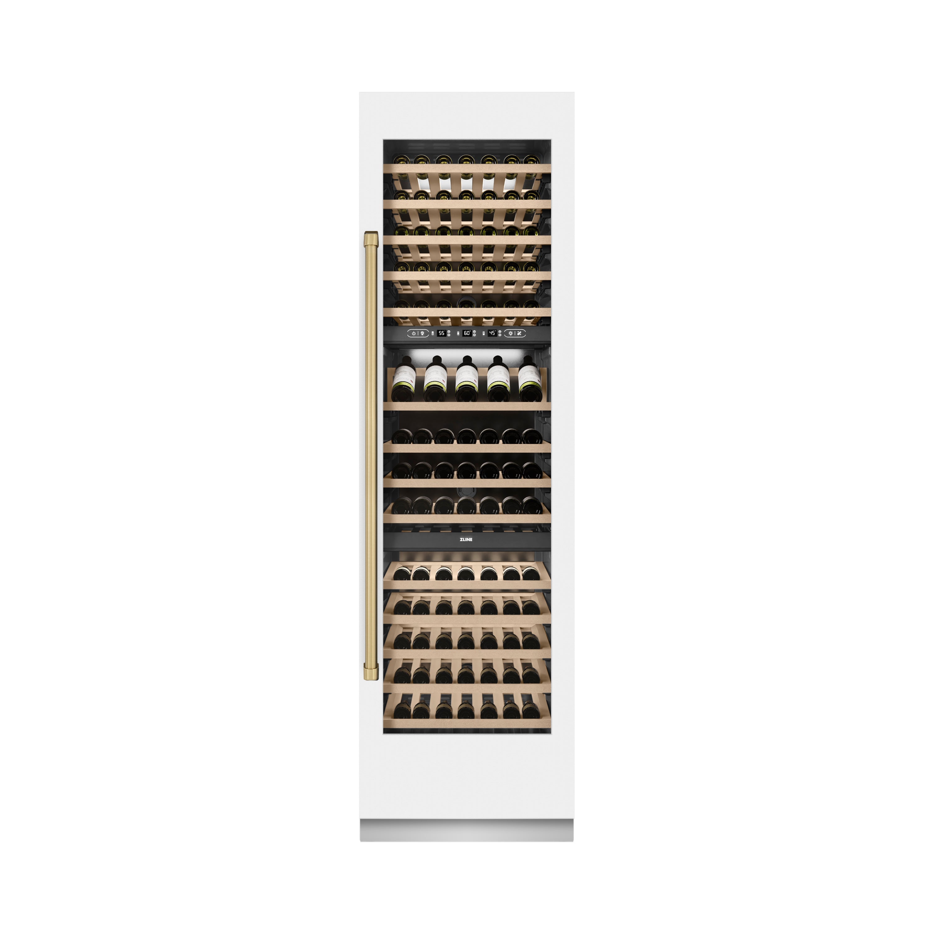 ZLINE Autograph 24" 12.4 cu. ft. Triple Zone 100 Bottle Column Wine Cooler in White Matte and Champagne Bronze Accents, RCWVZ-WM-24-CB