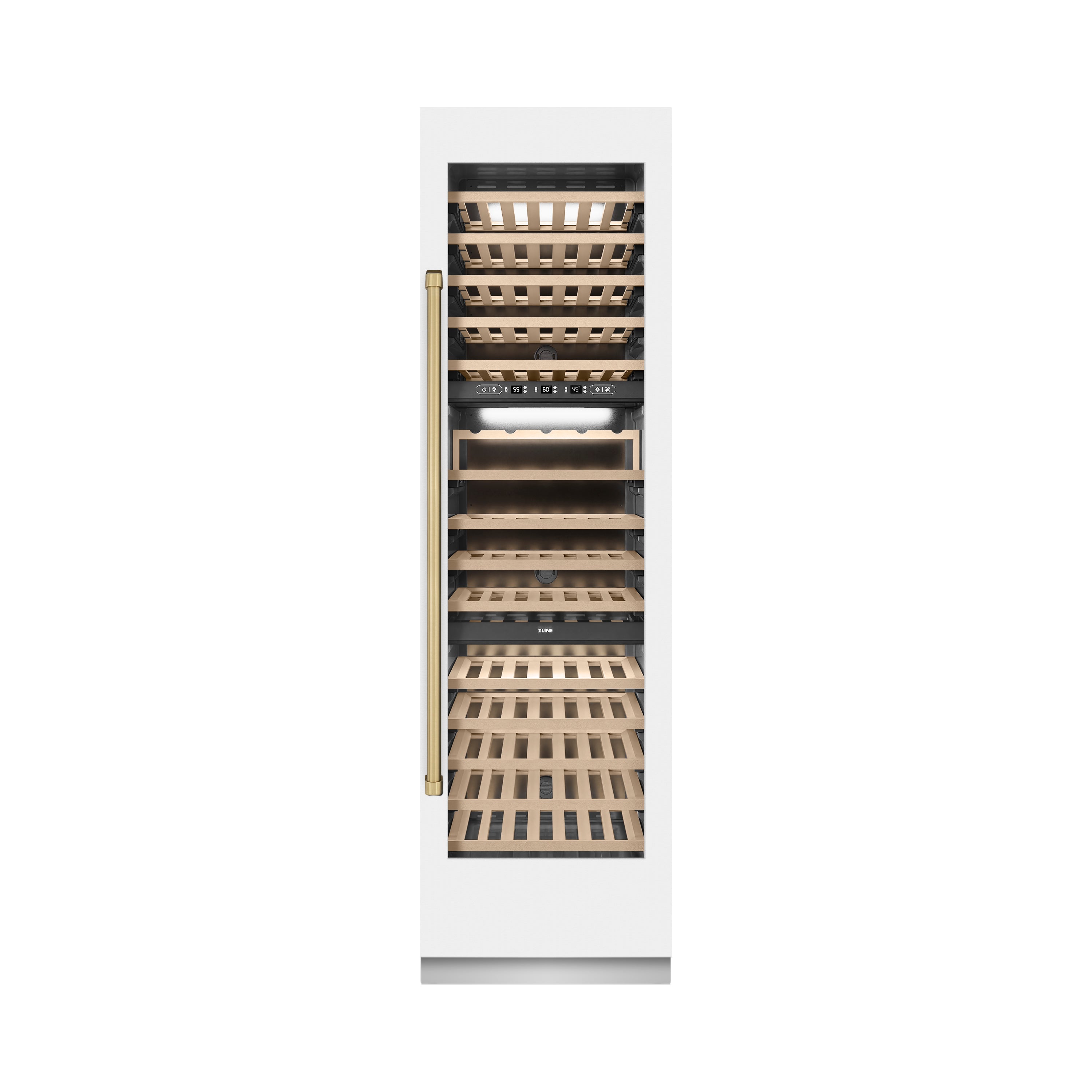 ZLINE Autograph 24" 12.4 cu. ft. Triple Zone 100 Bottle Column Wine Cooler in White Matte and Champagne Bronze Accents, RCWVZ-WM-24-CB