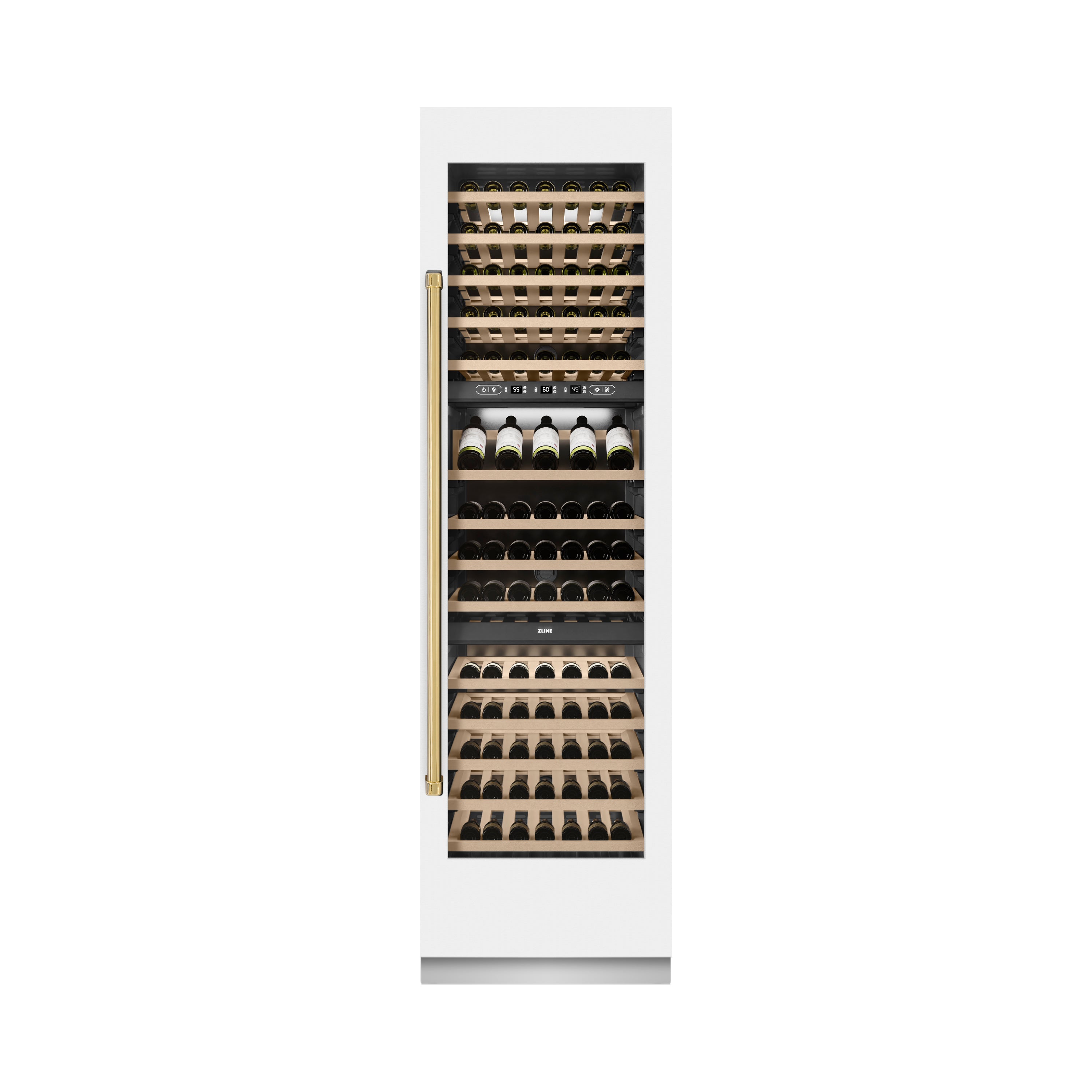 ZLINE Autograph 24" 12.4 cu. ft. Triple Zone 100 Bottle Column Wine Cooler in White Matte and Polished Gold Accents, RCWVZ-WM-24-G