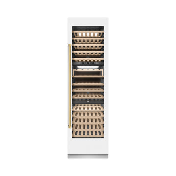ZLINE Autograph 24" 12.4 cu. ft. Triple Zone 100 Bottle Column Wine Cooler in White Matte and Polished Gold Accents, RCWVZ-WM-24-G