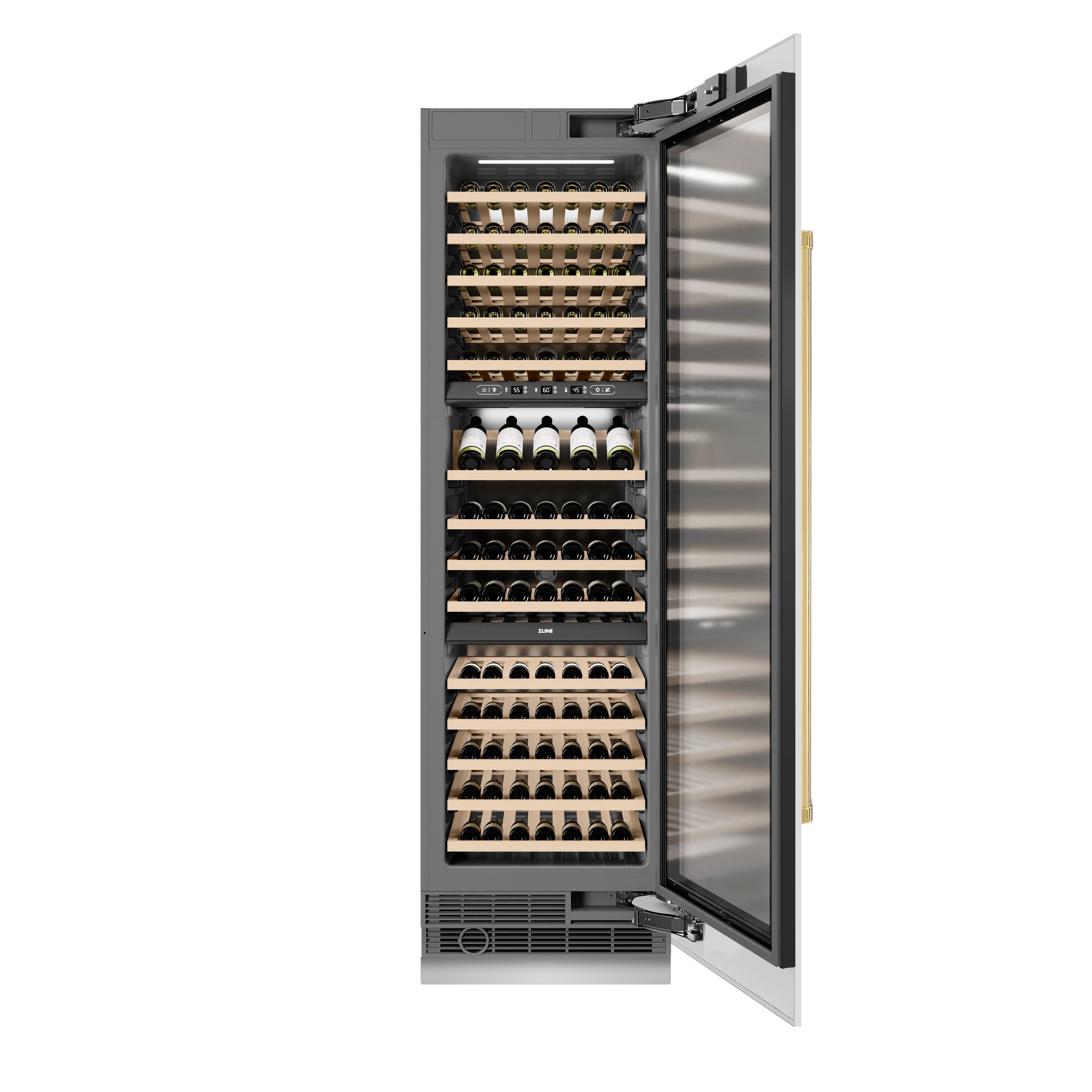 ZLINE Autograph 24" 12.4 cu. ft. Triple Zone 100 Bottle Column Wine Cooler in White Matte and Polished Gold Accents, RCWVZ-WM-24-G