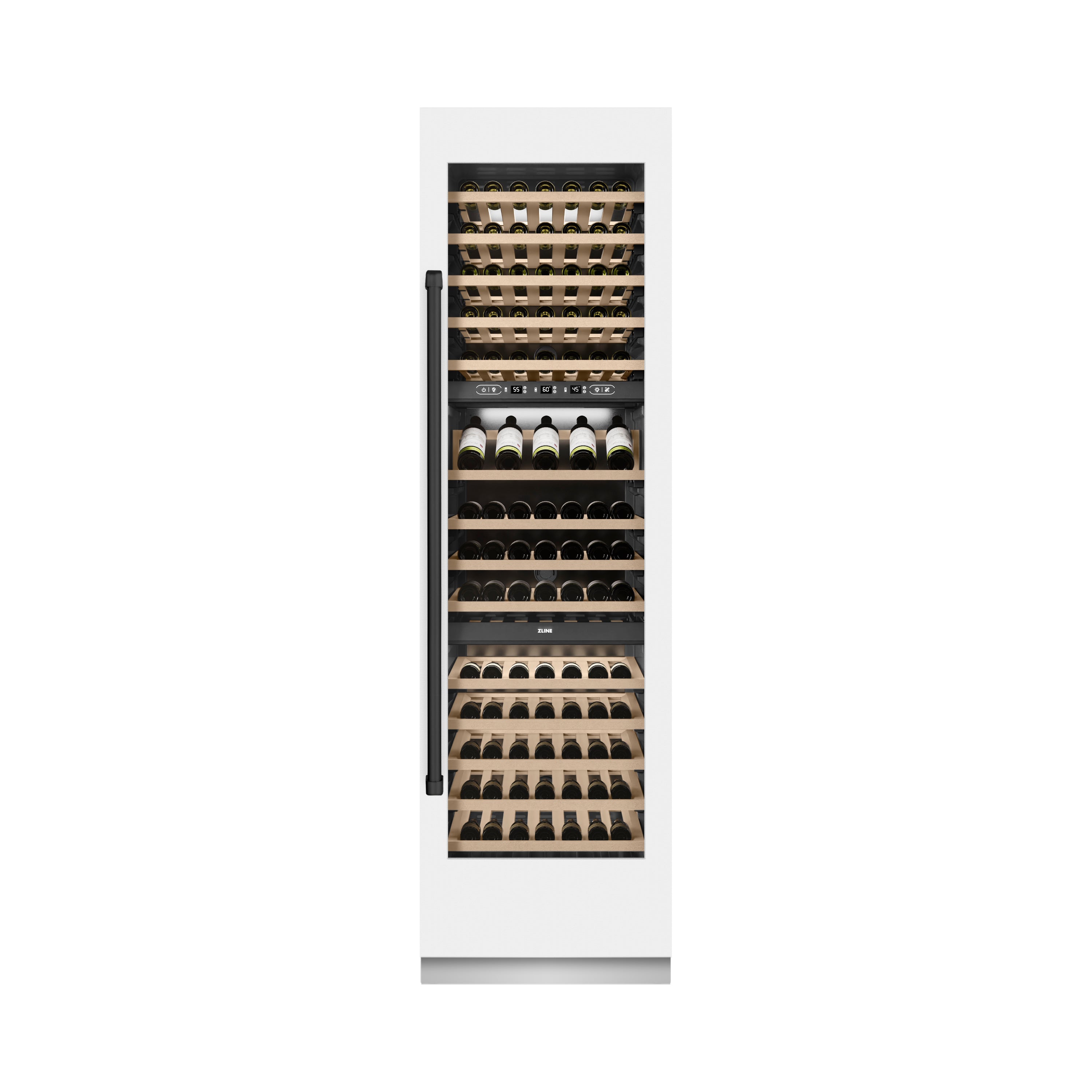 ZLINE Autograph 24" 12.4 cu. ft. Triple Zone 100 Bottle Column Wine Cooler in White Matte and Matte Black Accents, RCWVZ-WM-24-MB