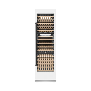 ZLINE Autograph 24" 12.4 cu. ft. Triple Zone 100 Bottle Column Wine Cooler in White Matte and Matte Black Accents, RCWVZ-WM-24-MB