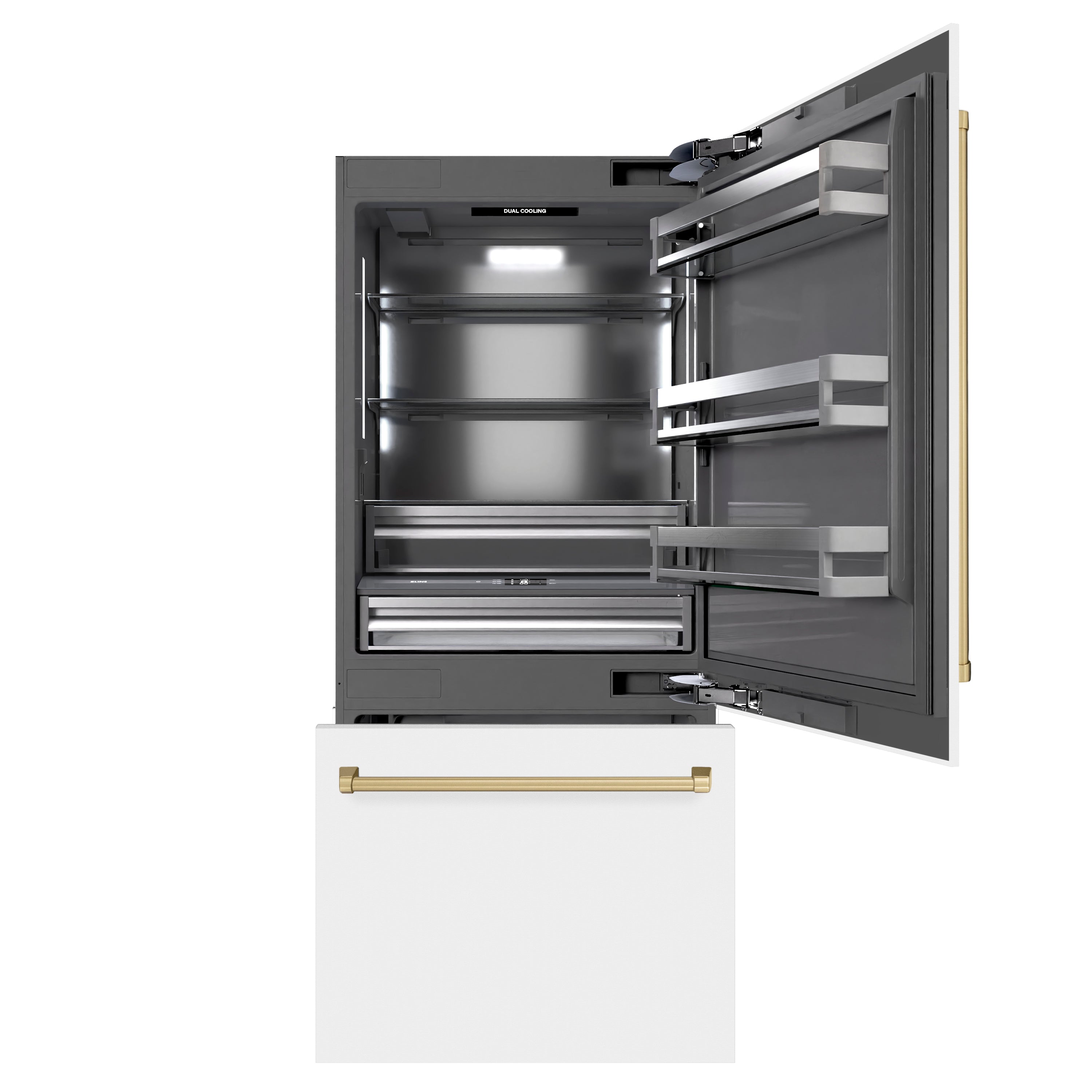 ZLINE 36" Built-In Bottom Freezer Refrigerator 19.8 cu. ft. Water Dispenser Ice Maker White Matte Graphite Gray Interior Champagne Bronze Accents (GRBITZ-WM-36-CB)
