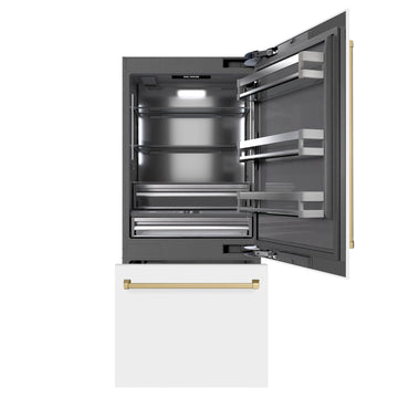 ZLINE 36" Built-In Bottom Freezer Refrigerator 19.8 cu. ft. Water Dispenser Ice Maker White Matte Graphite Gray Interior Champagne Bronze Accents (GRBITZ-WM-36-CB)