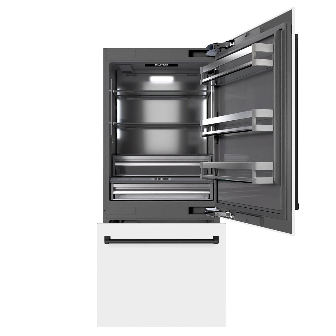 ZLINE 36 in. Built-In Bottom Freezer Refrigerator, 19.8 cu. ft., Water Dispenser, Ice Maker, White Matte, Graphite Gray Interior, Matte Black Accents (GRBITZ-WM-36-MB)