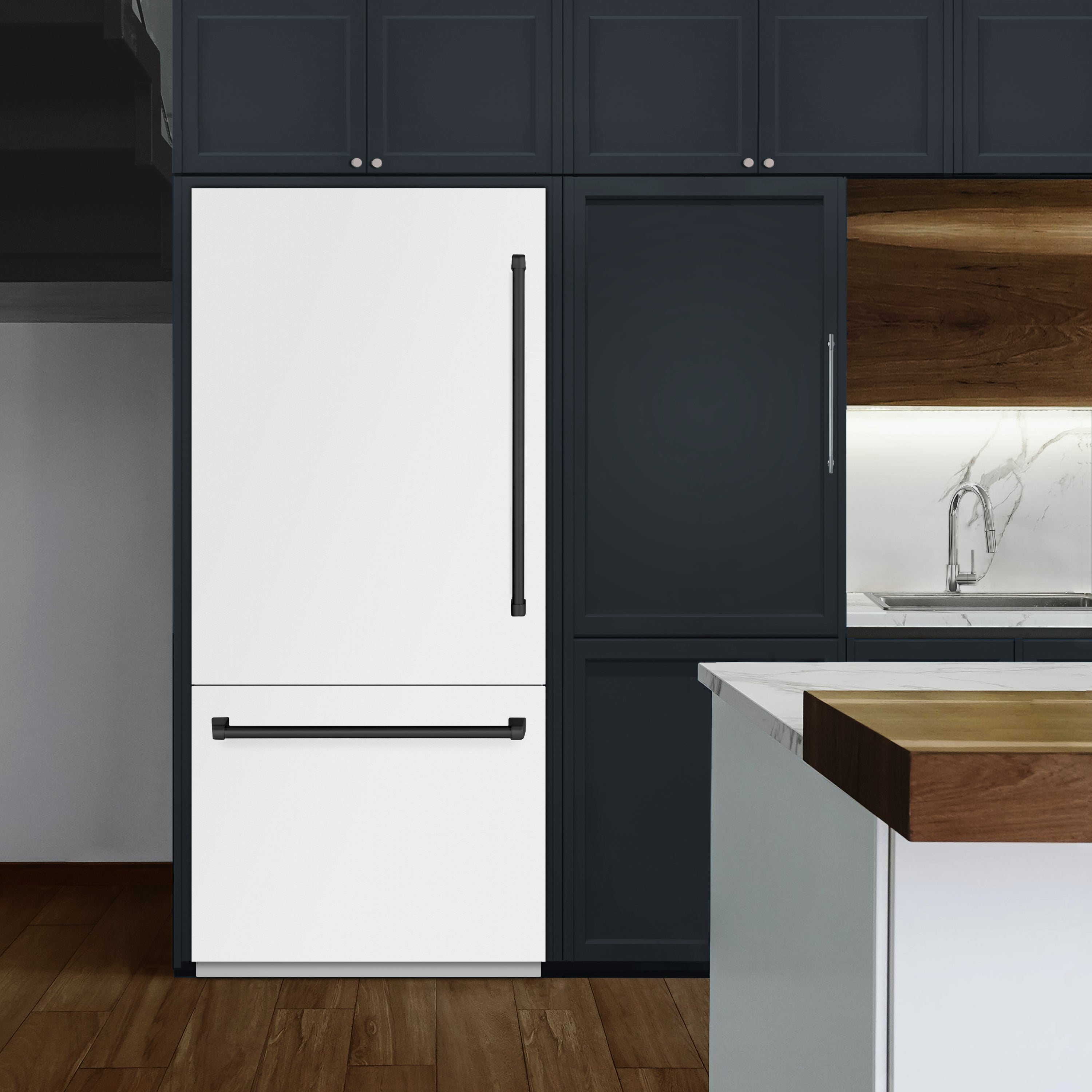 ZLINE 36 in. Built-In Bottom Freezer Refrigerator, 19.8 cu. ft., Water Dispenser, Ice Maker, White Matte, Graphite Gray Interior, Matte Black Accents (GRBITZ-WM-36-MB)