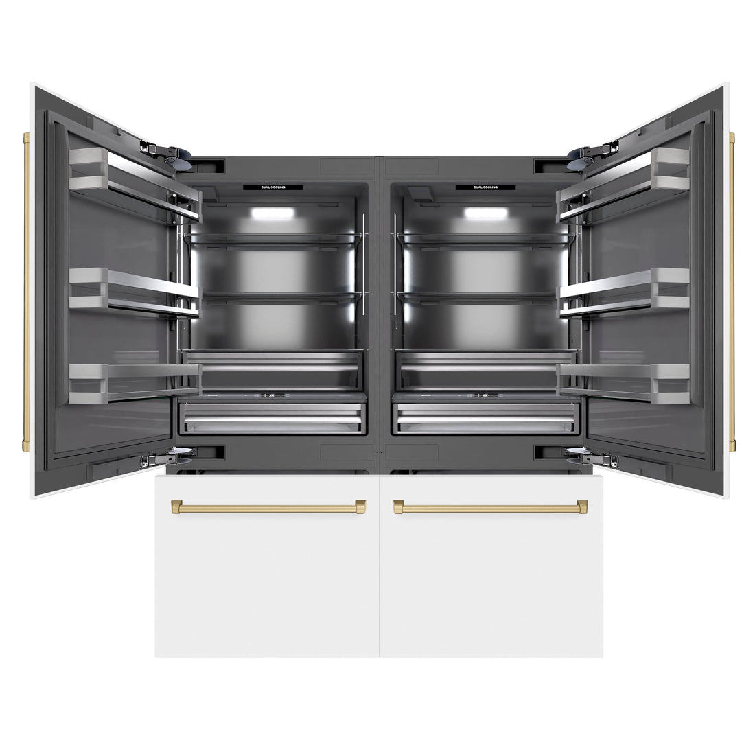 ZLINE 72 in. French Door Built-In Bottom Freezer Refrigerator 39.6 cu. ft. Water Dispensers, Ice Makers, White Matte, Champagne Bronze Accents (GRBITZ-WM-72-CB)