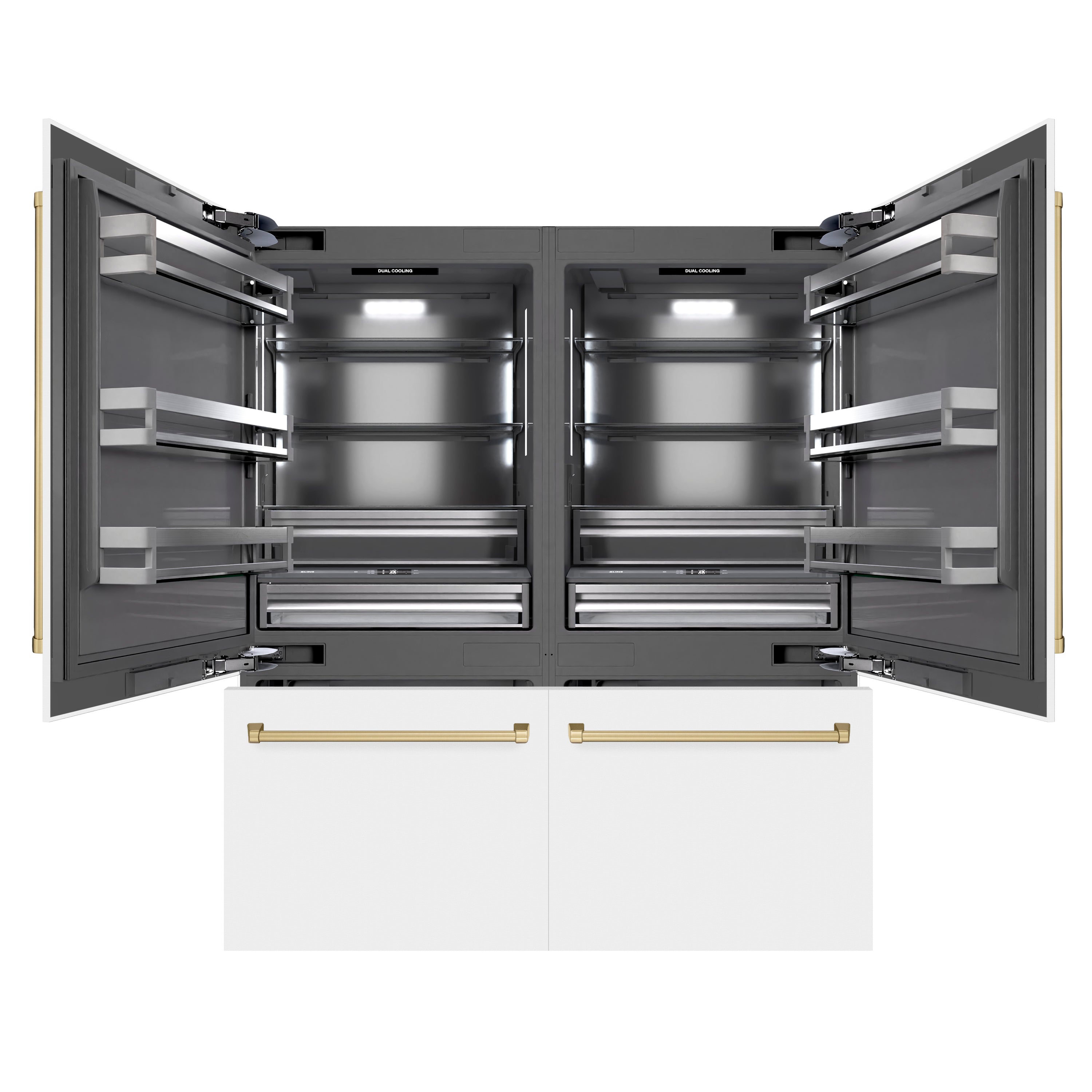 ZLINE 72 in. French Door Built-In Bottom Freezer Refrigerator 39.6 cu. ft. Water Dispensers, Ice Makers, White Matte, Champagne Bronze Accents (GRBITZ-WM-72-CB)
