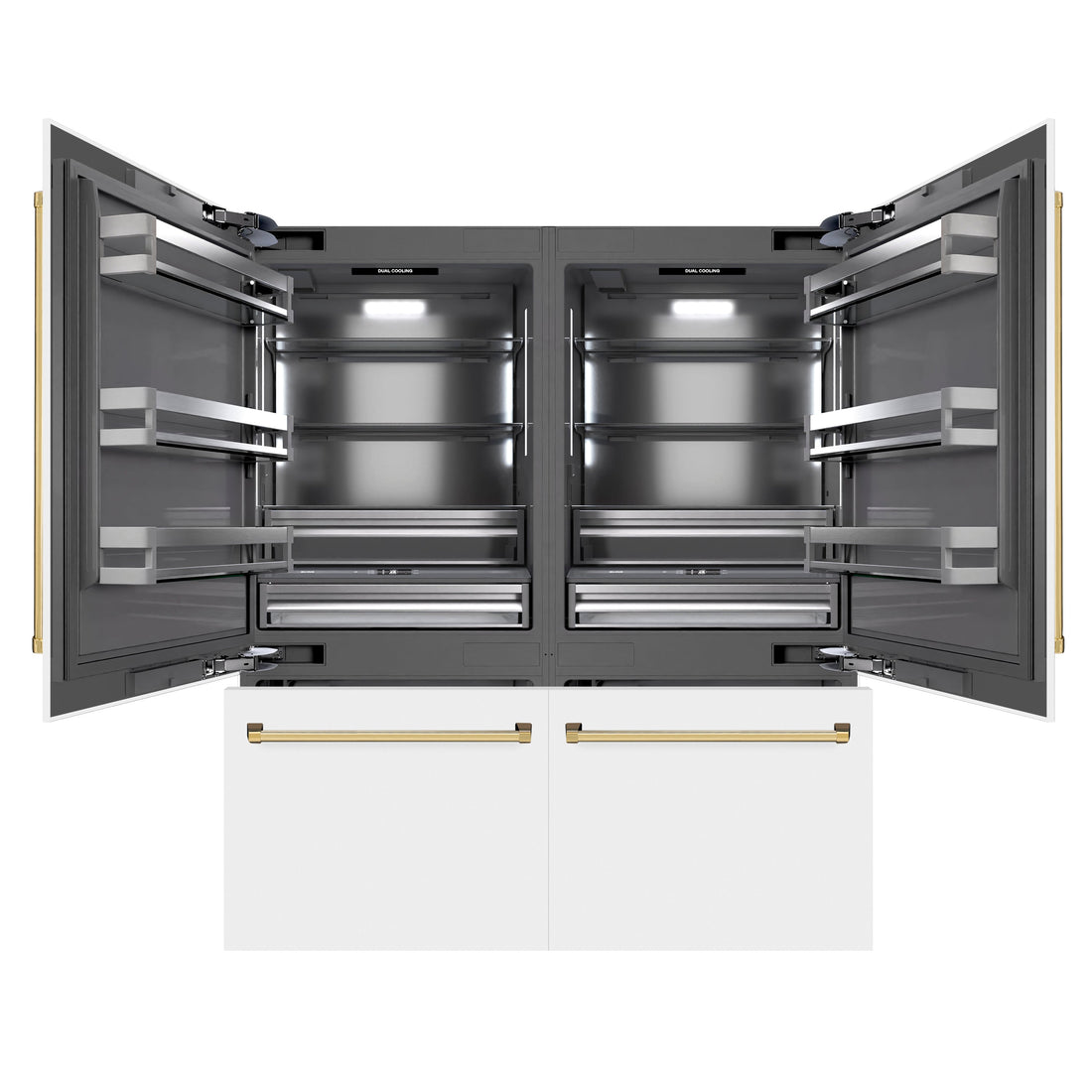 ZLINE 72 in. French Door Built-In Bottom Freezer Refrigerator 39.6 cu. ft. Water Dispensers Ice Makers White Matte Polished Gold Accents (GRBITZ-WM-72-G)