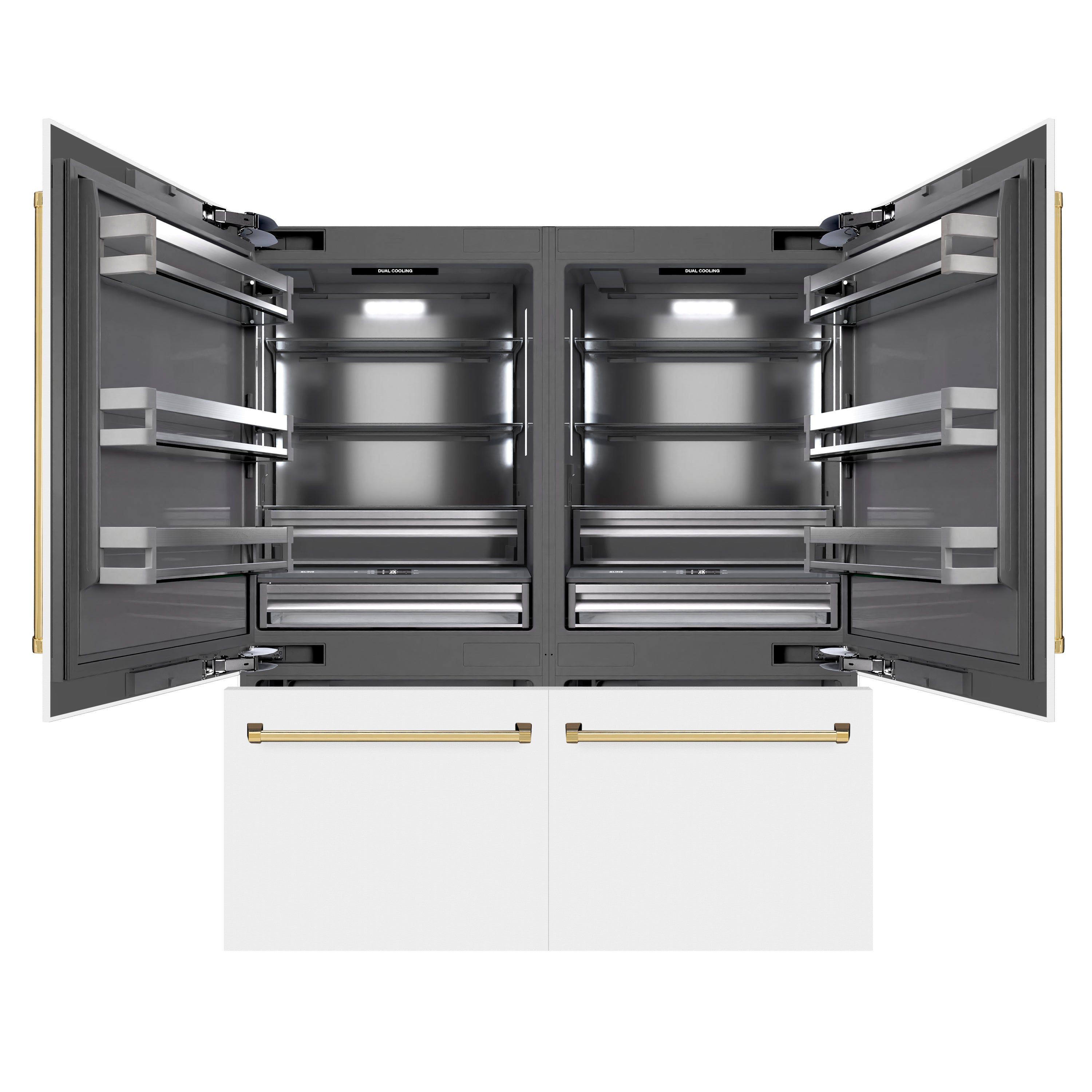 ZLINE 72 in. French Door Built-In Bottom Freezer Refrigerator 39.6 cu. ft. Water Dispensers Ice Makers White Matte Polished Gold Accents (GRBITZ-WM-72-G)
