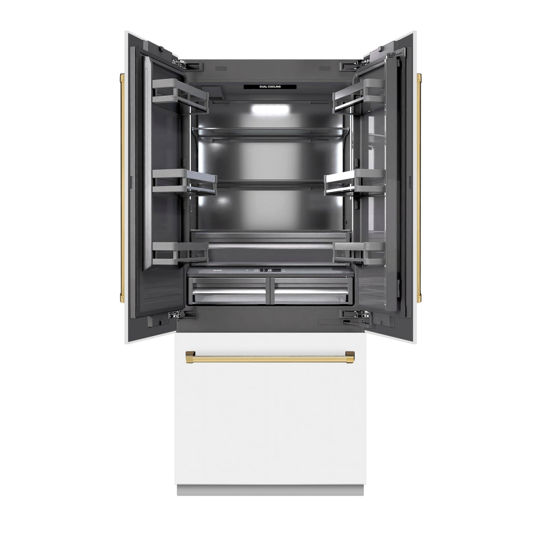 ZLINE 36 in. French Door Built-In Bottom Freezer Refrigerator 19.6 cu. ft. Water Dispenser Ice Maker White Matte Graphite Gray Interior Polished Gold Accents (GRBIVZ-WM-36-G)