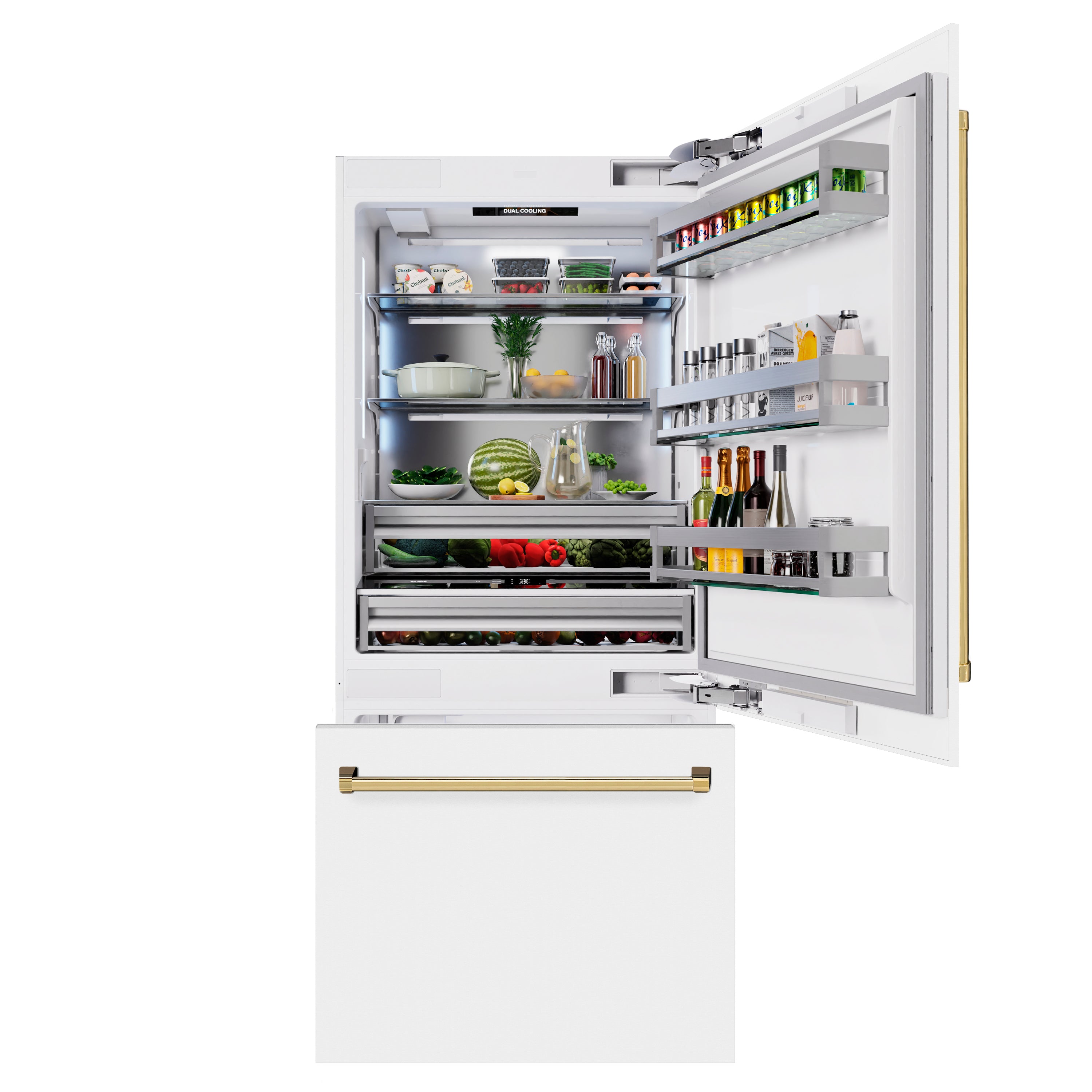 ZLINE 36" Built-In Bottom Freezer Refrigerator 19.8 cu. ft. Water Dispenser Ice Maker White Matte Polished Gold Accents (RBITZ-WM-36-G)