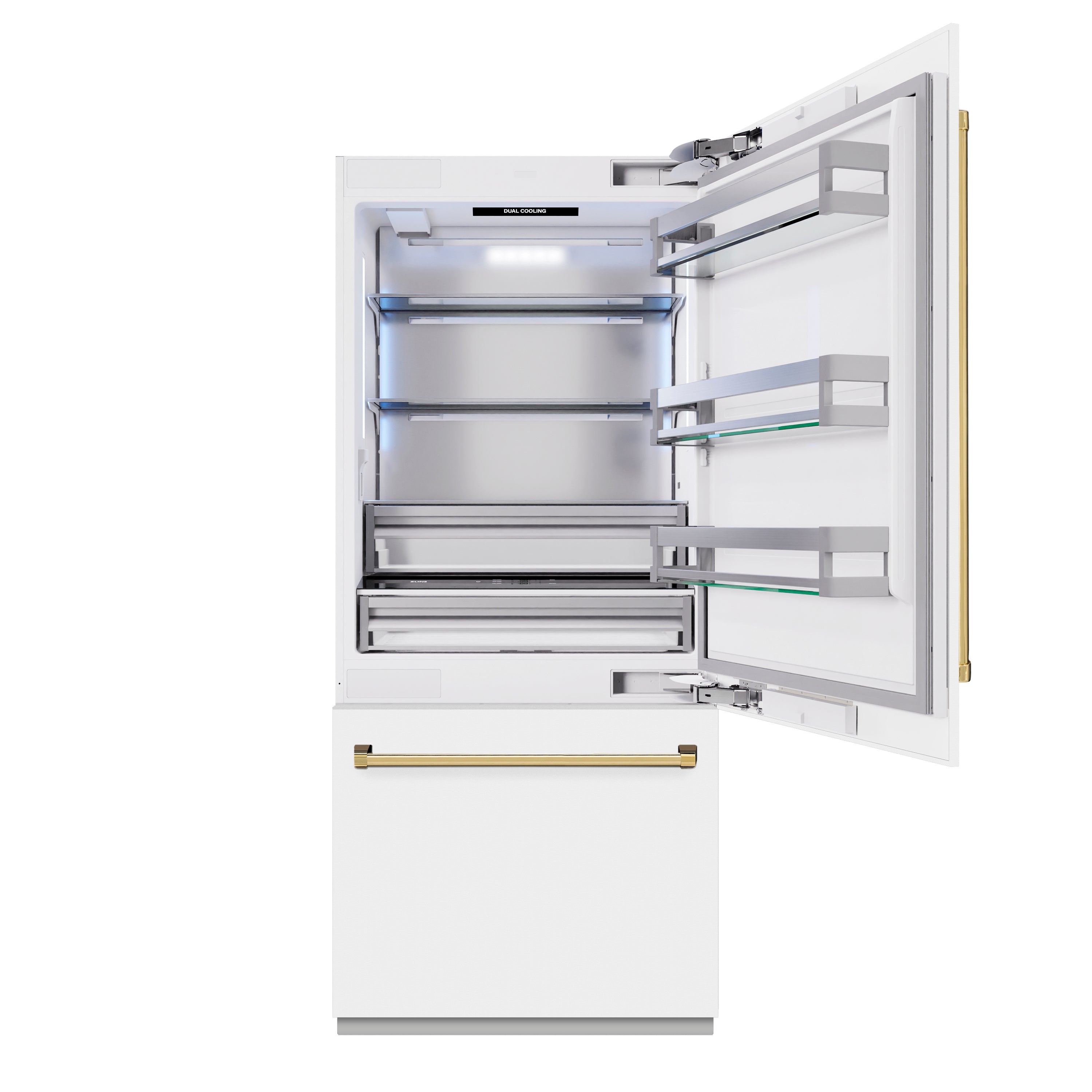ZLINE 36" Built-In Bottom Freezer Refrigerator 19.8 cu. ft. Water Dispenser Ice Maker White Matte Polished Gold Accents (RBITZ-WM-36-G)