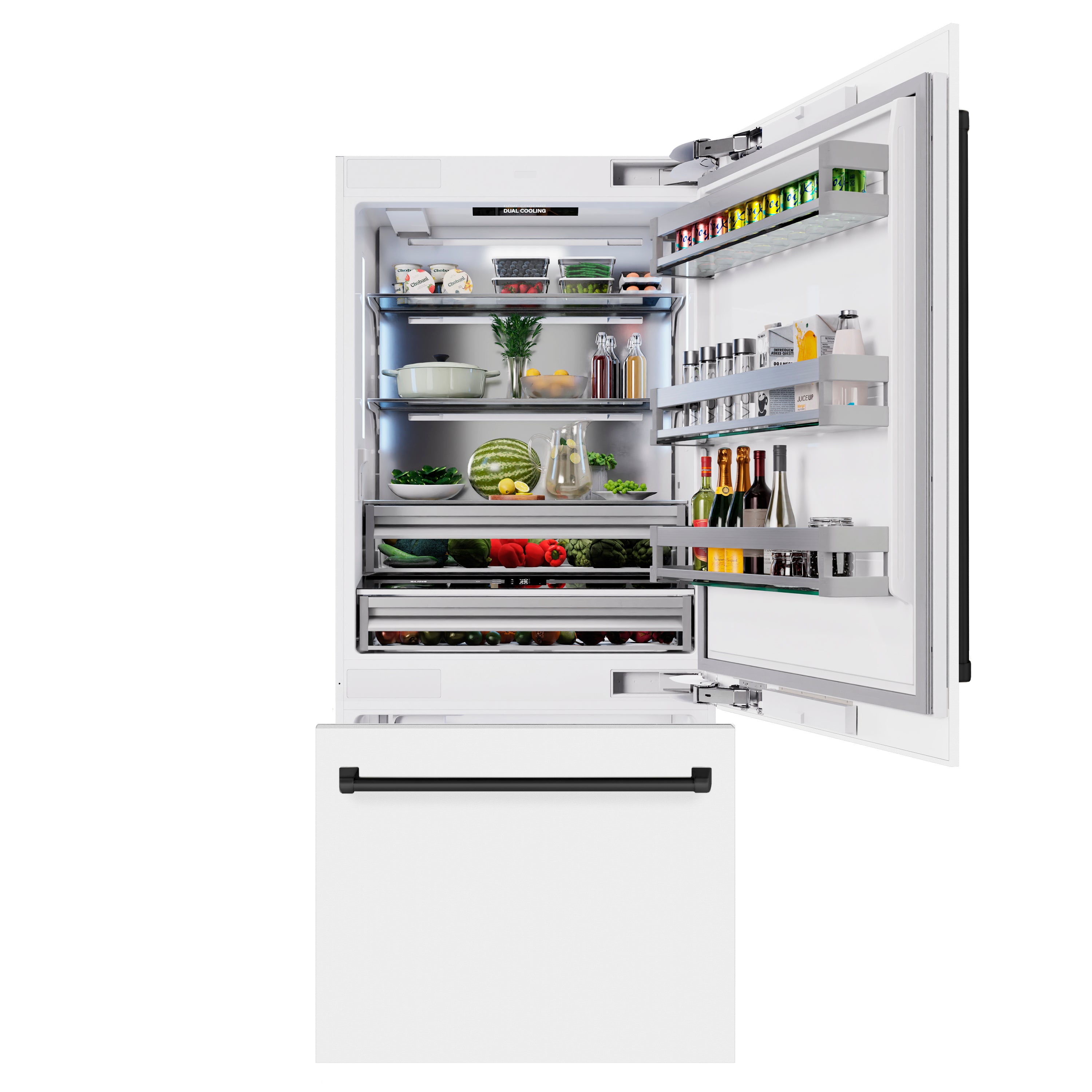 ZLINE 36 in. Built-In Bottom Freezer Refrigerator 19.8 Cu. Ft. White Matte with Water Dispenser, Ice Maker, Matte Black Accents (RBITZ-WM-36-MB)