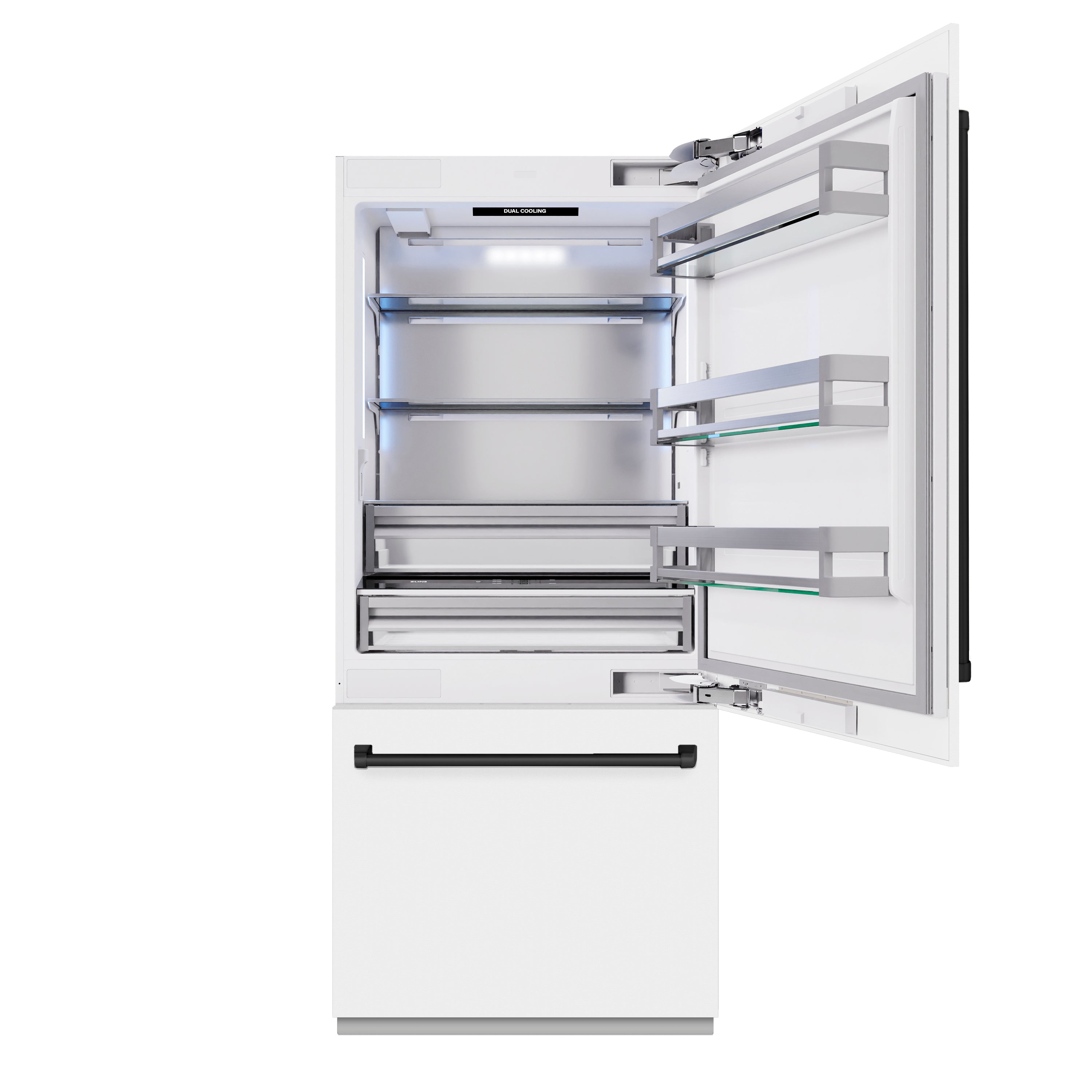 ZLINE 36 in. Built-In Bottom Freezer Refrigerator 19.8 Cu. Ft. White Matte with Water Dispenser, Ice Maker, Matte Black Accents (RBITZ-WM-36-MB)