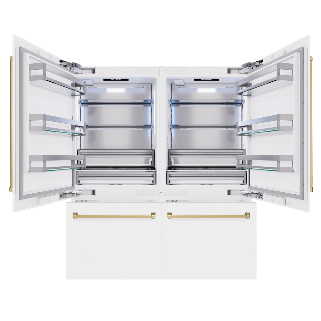ZLINE 72 in. Built-In French Door Bottom Freezer Refrigerator 39.6 cu. ft. White Matte with Water Dispensers, Ice Makers, Champagne Bronze Accents (RBITZ-WM-72-CB)