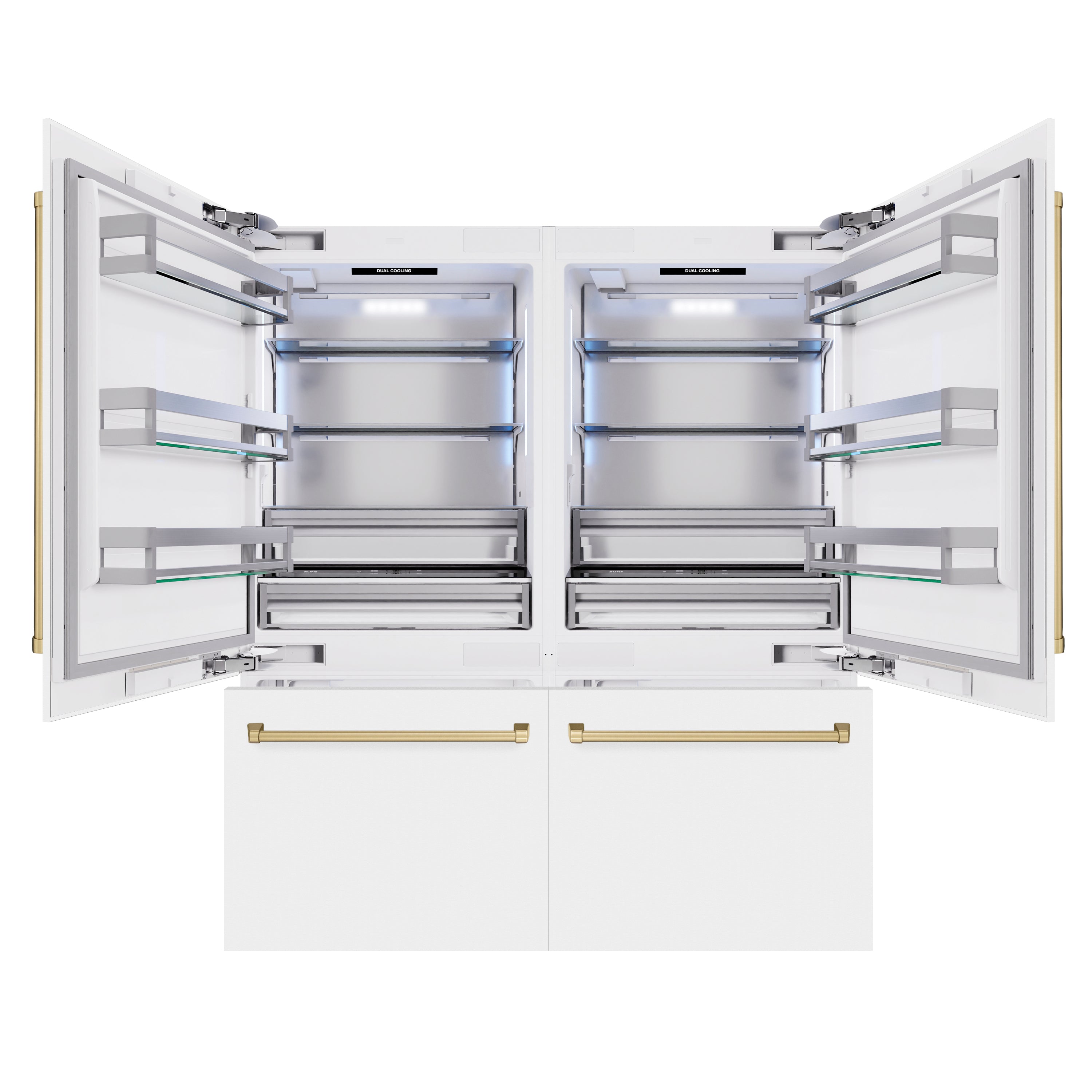 ZLINE 72 in. Built-In French Door Bottom Freezer Refrigerator 39.6 cu. ft. White Matte with Water Dispensers, Ice Makers, Champagne Bronze Accents (RBITZ-WM-72-CB)