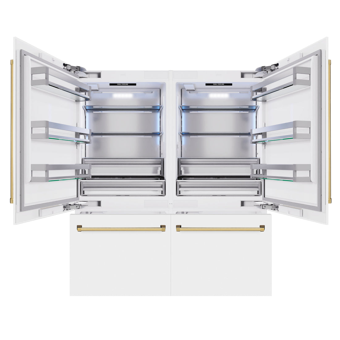 ZLINE 72 in. French Door Built-In Bottom Freezer Refrigerator 39.6 Cu. Ft. White Matte with Water Dispensers, Ice Makers, Polished Gold Accents (RBITZ-WM-72-G)