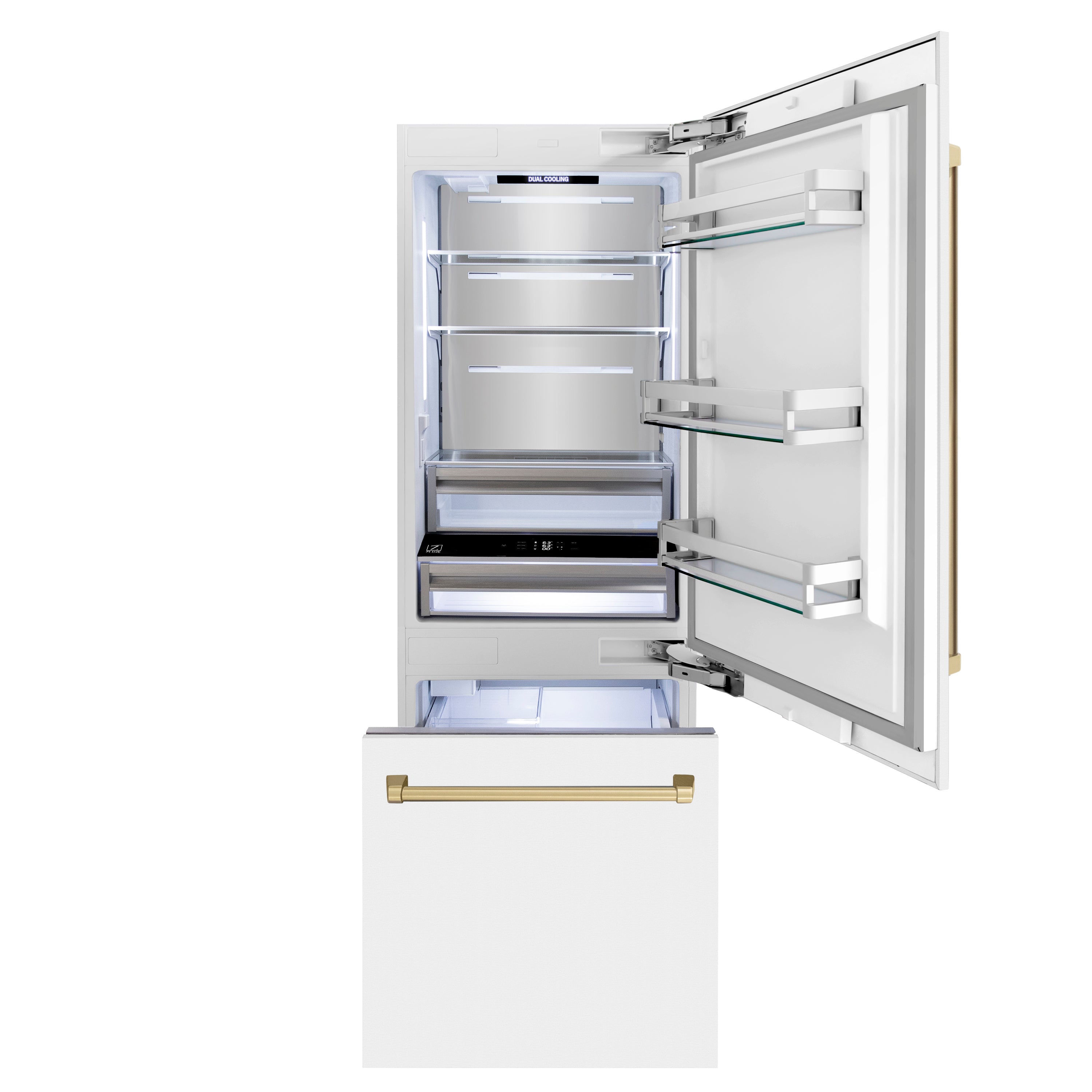 ZLINE 30-Inch Built-In Refrigerator 16.1 cu. ft. Internal Water & Ice Dispenser White Matte with Champagne Bronze Accents (RBIVZ-WM-30-CB)