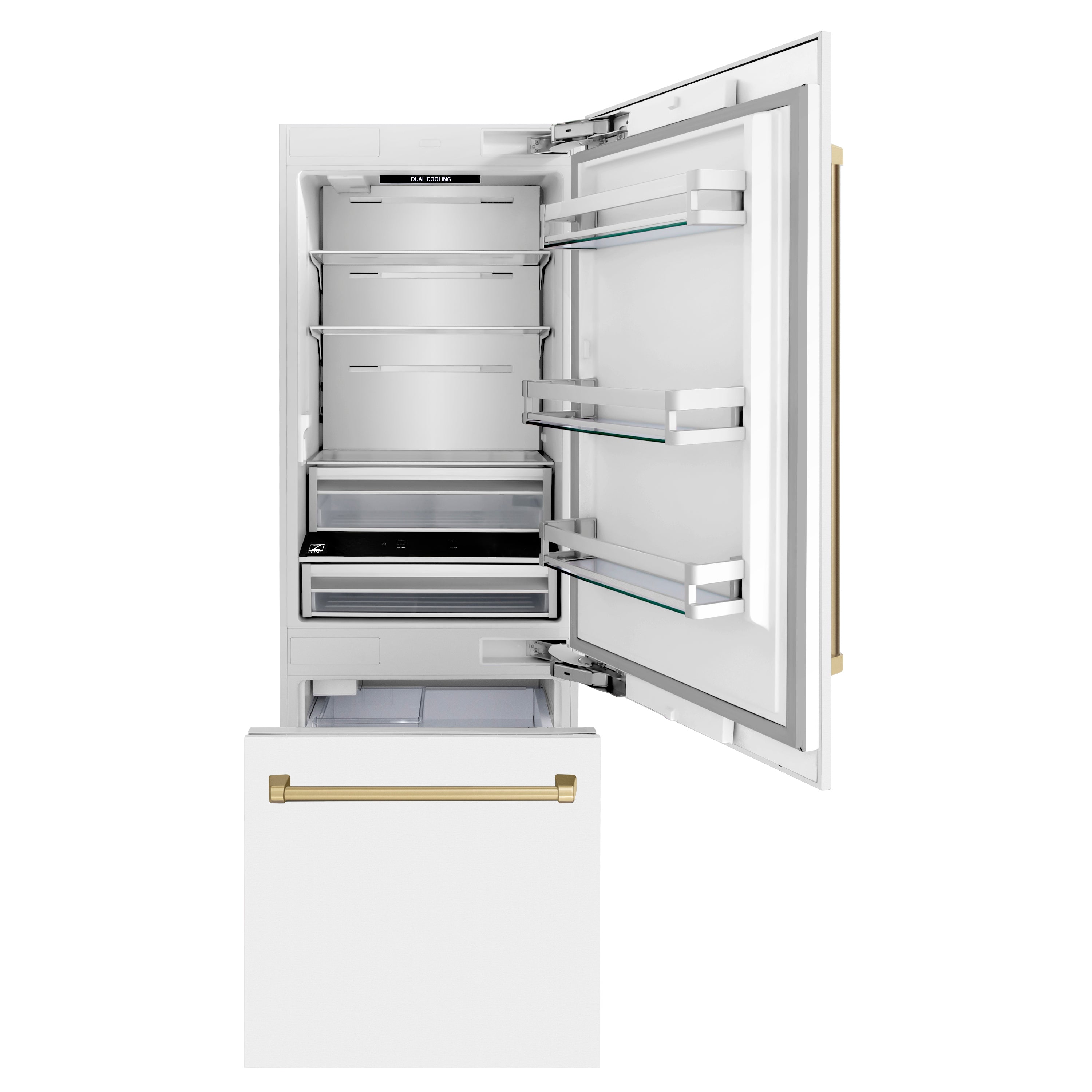 ZLINE 30-Inch Built-In Refrigerator 16.1 cu. ft. Internal Water & Ice Dispenser White Matte with Champagne Bronze Accents (RBIVZ-WM-30-CB)