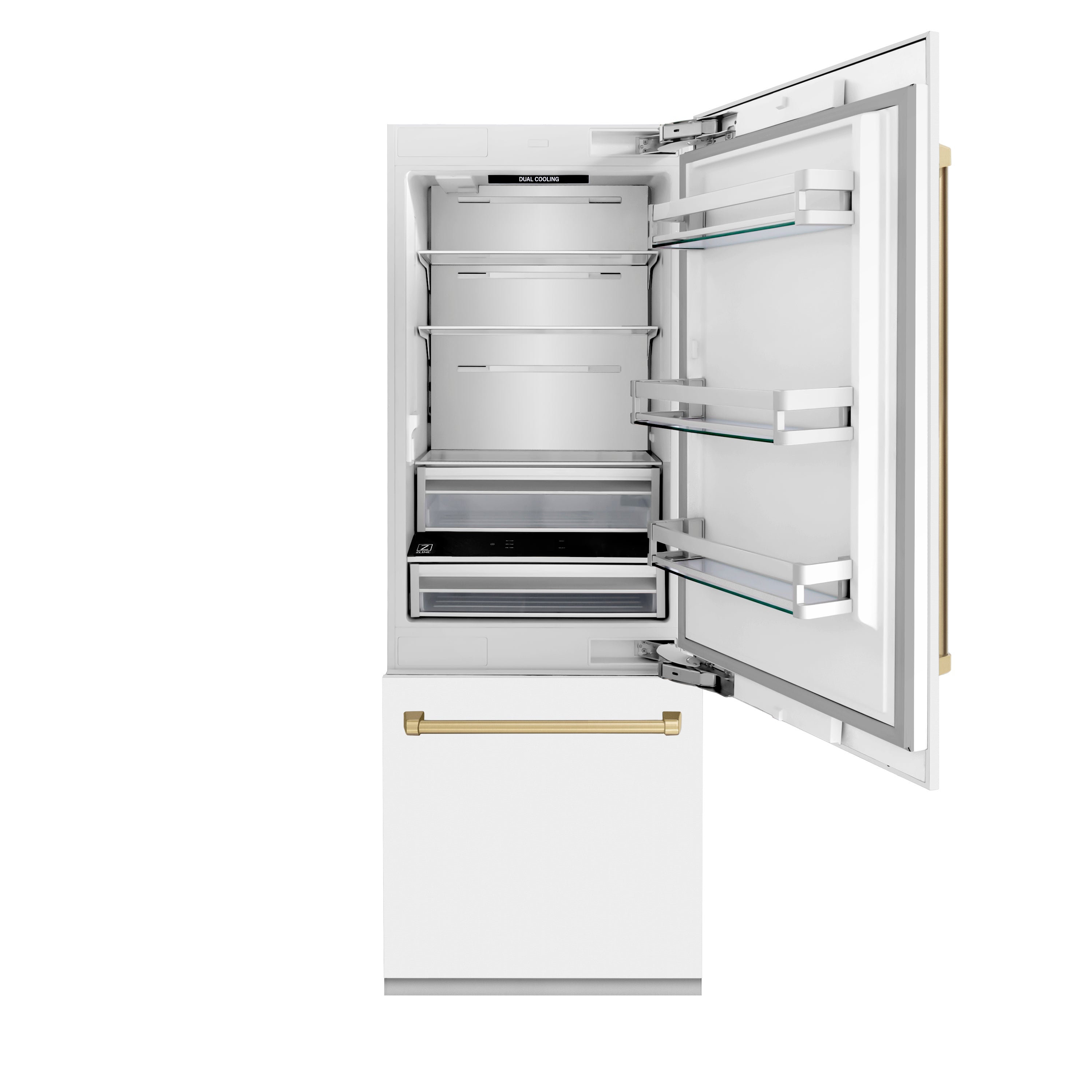 ZLINE 30-Inch Built-In Refrigerator 16.1 cu. ft. Internal Water & Ice Dispenser White Matte with Champagne Bronze Accents (RBIVZ-WM-30-CB)