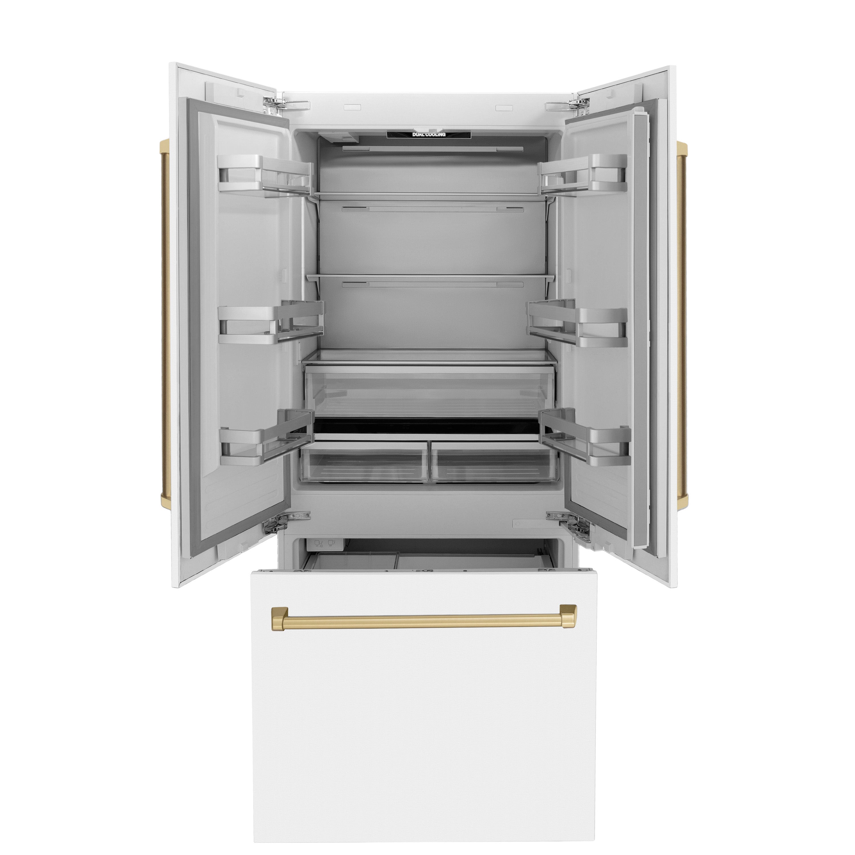 ZLINE 36 in. Built-In French Door Refrigerator 19.6 cu. ft. Internal Water & Ice Dispenser White Matte with Bronze Accents (RBIVZ-WM-36-CB)