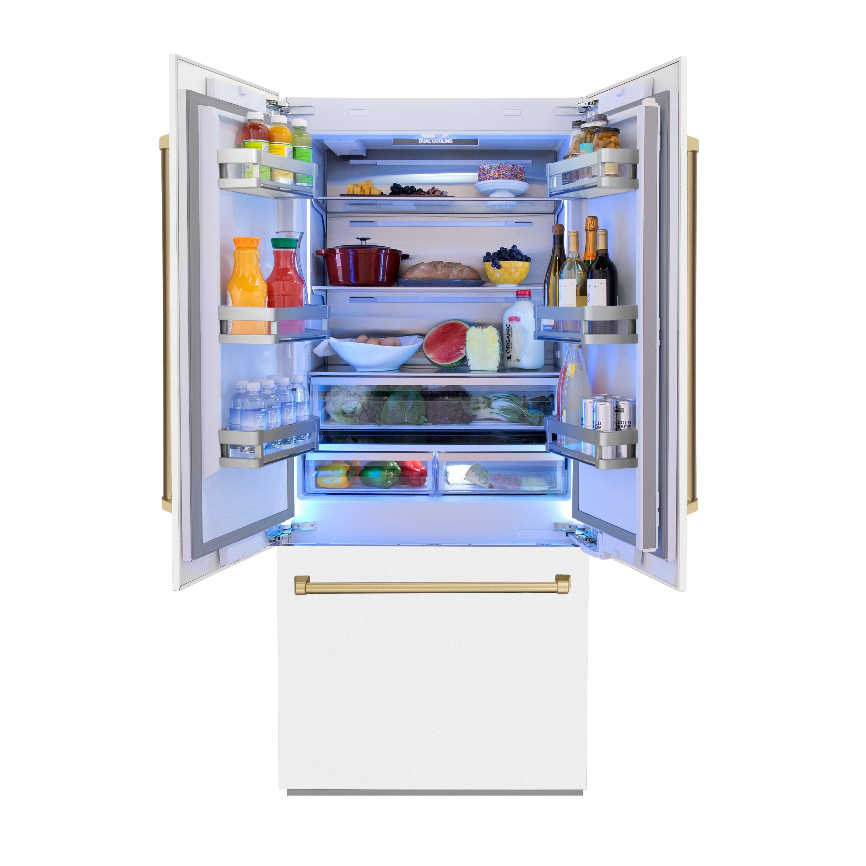 ZLINE 36 in. Built-In French Door Refrigerator 19.6 cu. ft. Internal Water & Ice Dispenser White Matte with Bronze Accents (RBIVZ-WM-36-CB)
