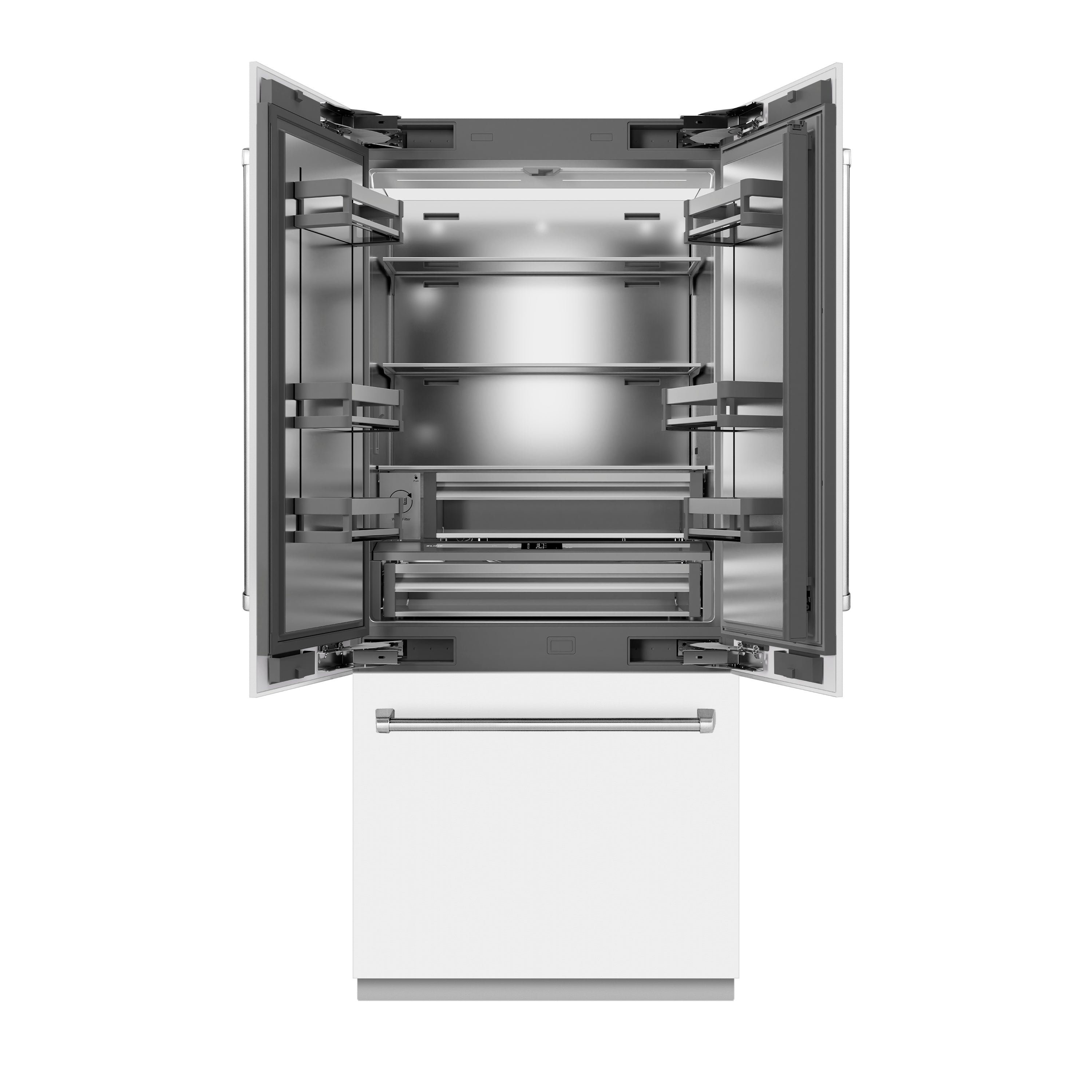 ZLINE 36 in. French Door Built-In Bottom Freezer Refrigerator 19.6 Cu. Ft. with Water Dispenser, Ice Maker, White Matte Finish, Stainless Steel Interior (SRBIV-WM-36)