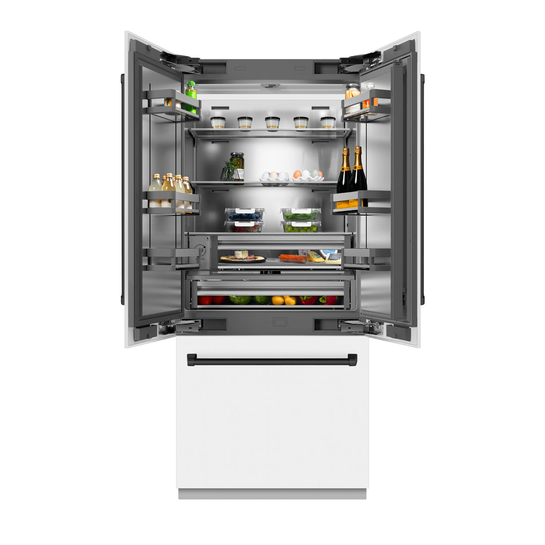 ZLINE 36 in. French Door Built-In Bottom Freezer Refrigerator 19.6 Cu. Ft. Water Dispenser Ice Maker White Matte Stainless Steel Interior Matte Black Accents (SRBIVZ-WM-36-MB)